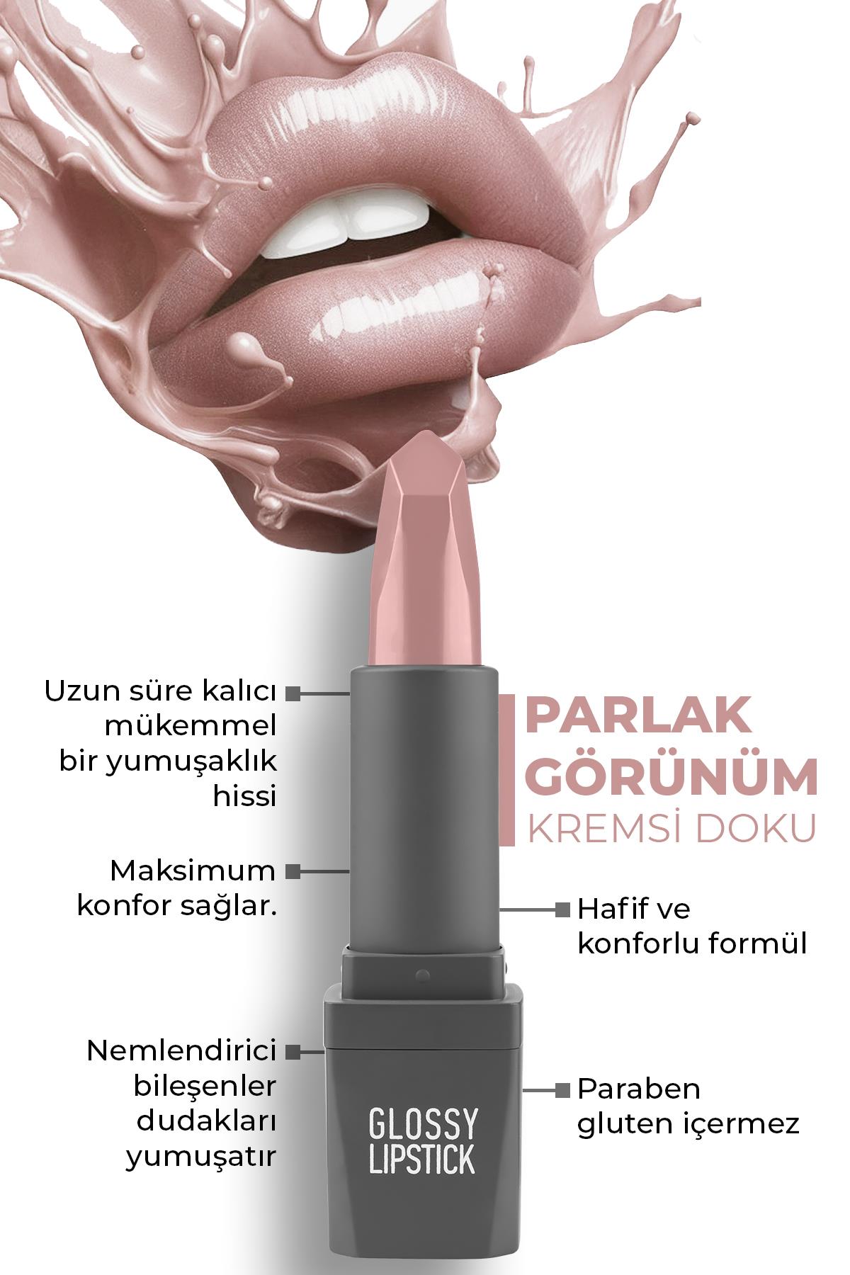 301 Bright Pink Parlak Ruj - Nemlendirici Etkili Pürüzsüz Dudak Görünümü - Glossy Lipstick