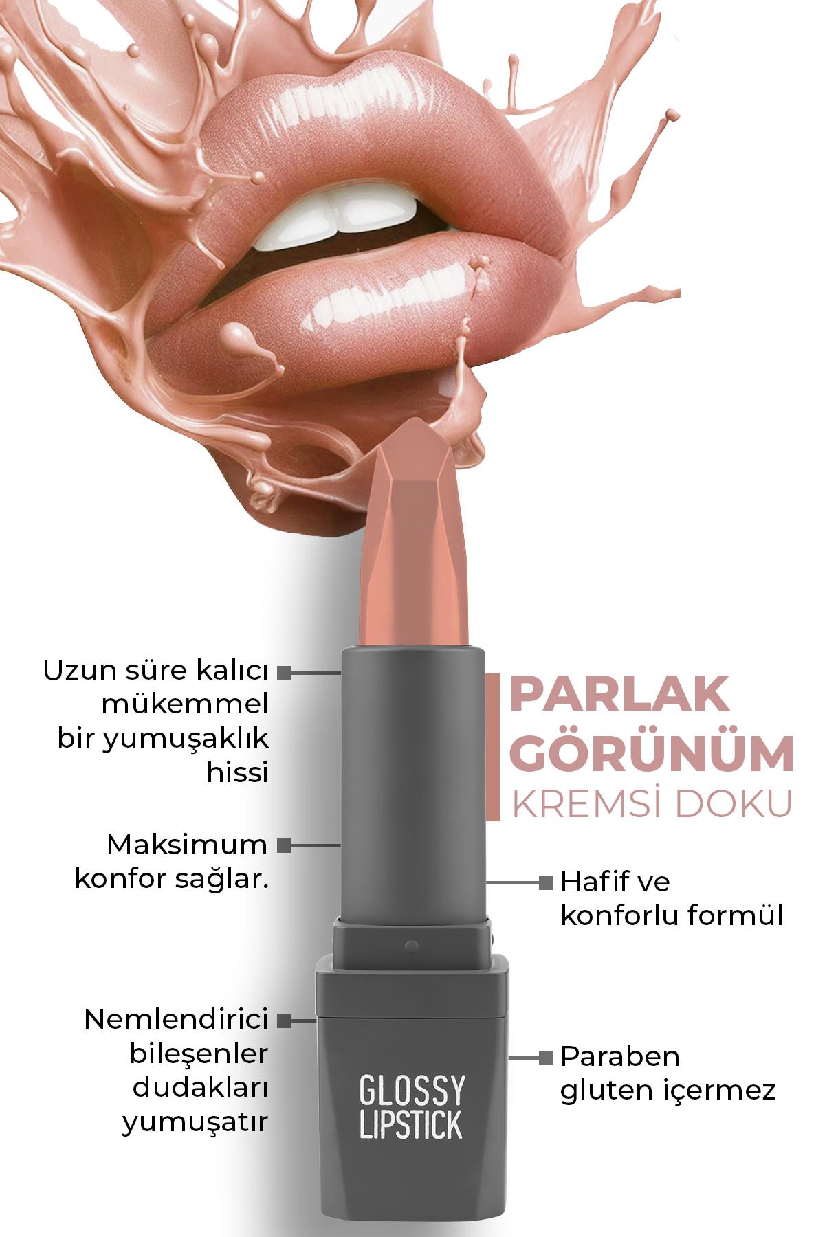302 Nude Parlak Ruj - Nemlendirici Etkili Pürüzsüz Dudak Görünümü - Glossy Lipstick