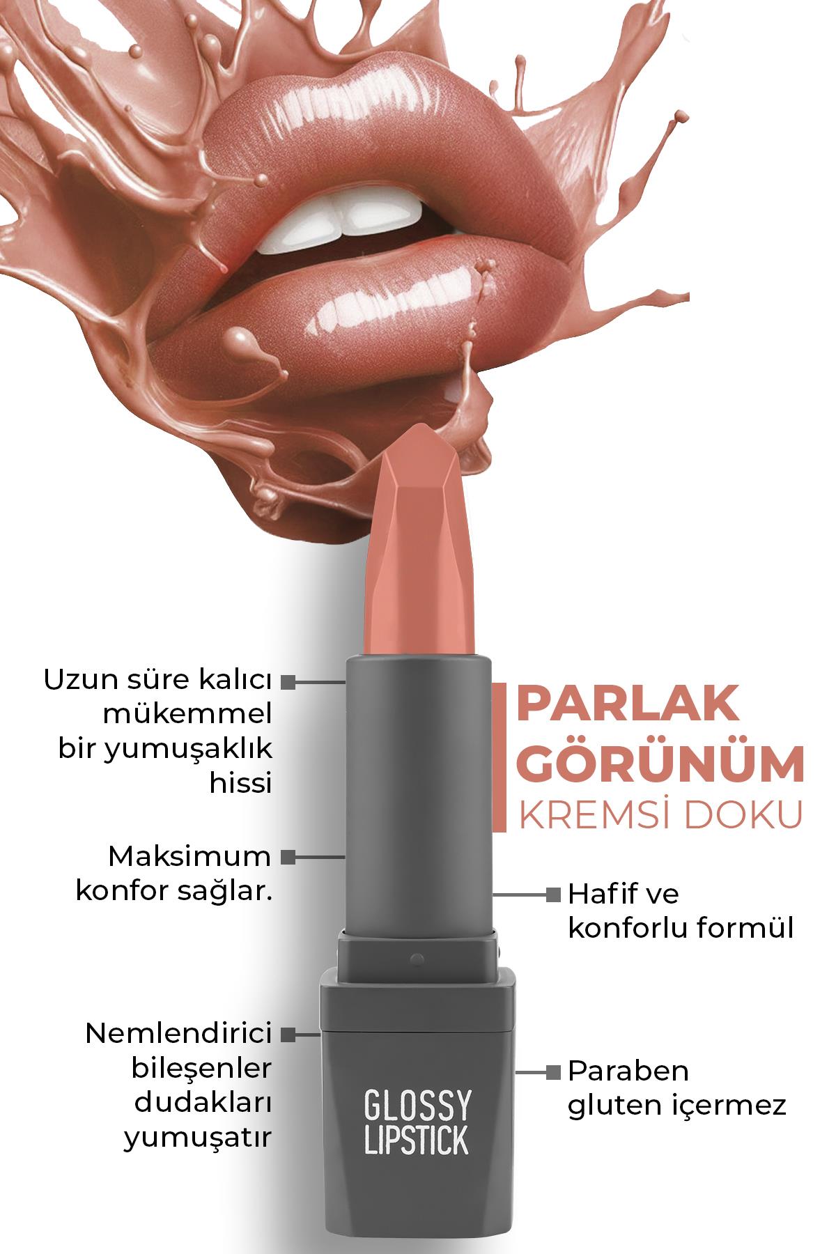 304 Nude Apricot Parlak Ruj - Nemlendirici Etkili Pürüzsüz Dudak Görünümü - Glossy Lipstick