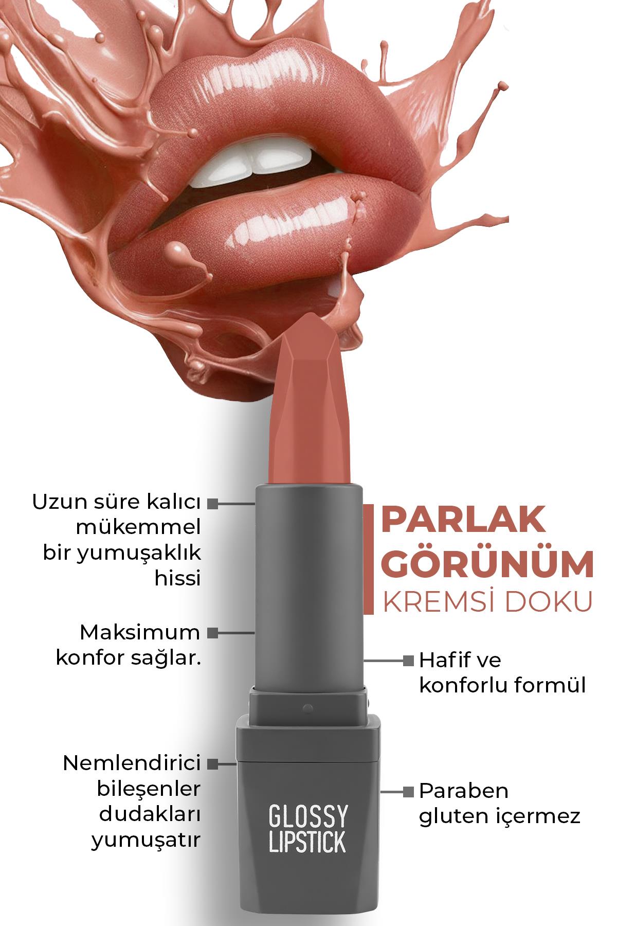308 Terracotta Nude Parlak Ruj - Nemlendirici Etkili Pürüzsüz Dudak Görünümü - Glossy Lipstick