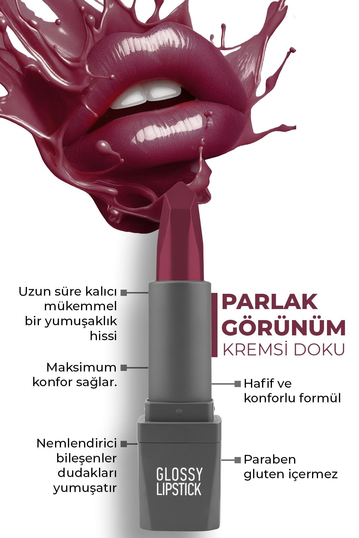 318 Berry Parlak Ruj - Nemlendirici Etkili Pürüzsüz Dudak Görünümü - Glossy Lipstick