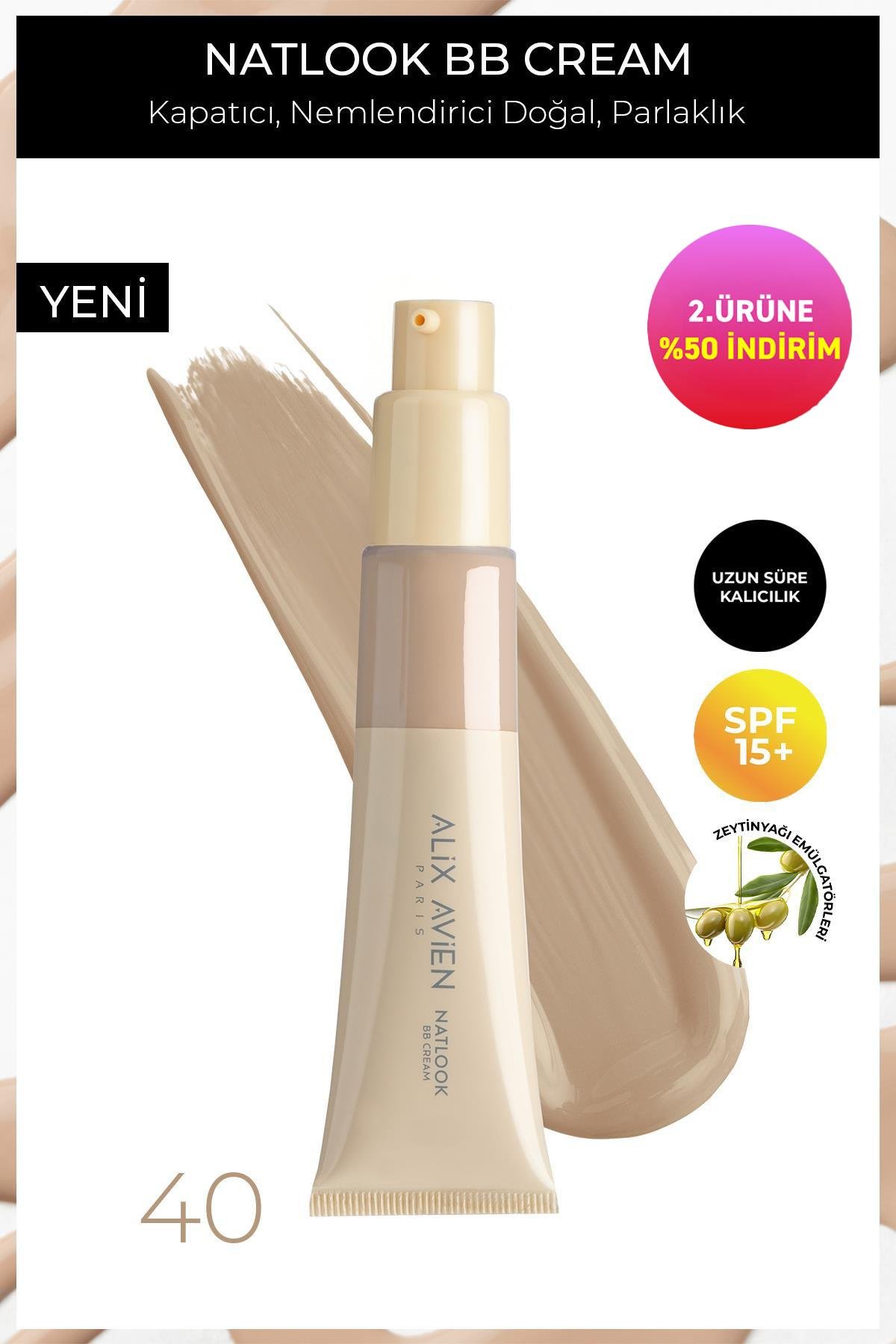 Doğal Parlaklık Sağlayan SPF15 Faktör Nemlendiren BB Krem - Natlook BB Cream 40 Medium To Dark