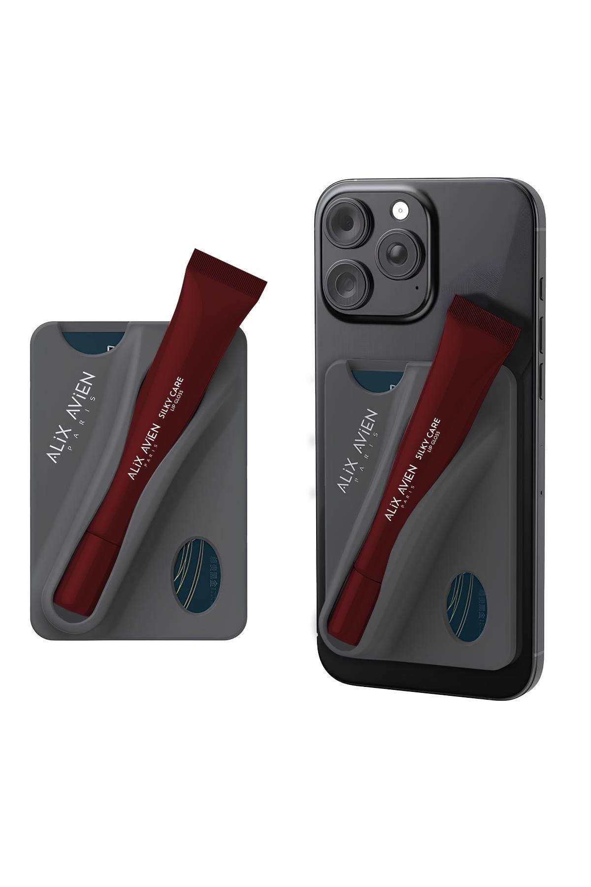 Gri Ruj Bölmeli Silikon Telefon Kartlığı - Silky Care Lipgloss Silicon Case Gray