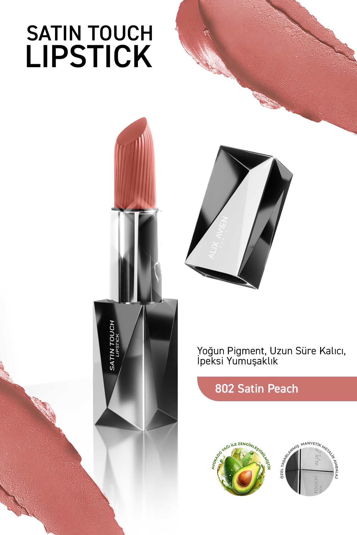 Uzun Süre Kalıcı Nemlendirici Pürüzsüz Etkili Yarı Mat Ruj - Satin Touch Lipstick 802 Satin Peach