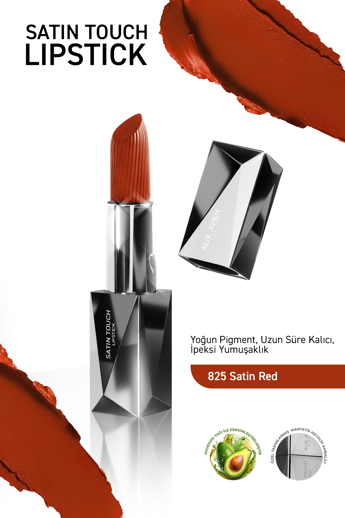 Uzun Süre Kalıcı Nemlendirici Pürüzsüz Etkili Yarı Mat Ruj - Satin Touch Lipstick 825 Satin Red