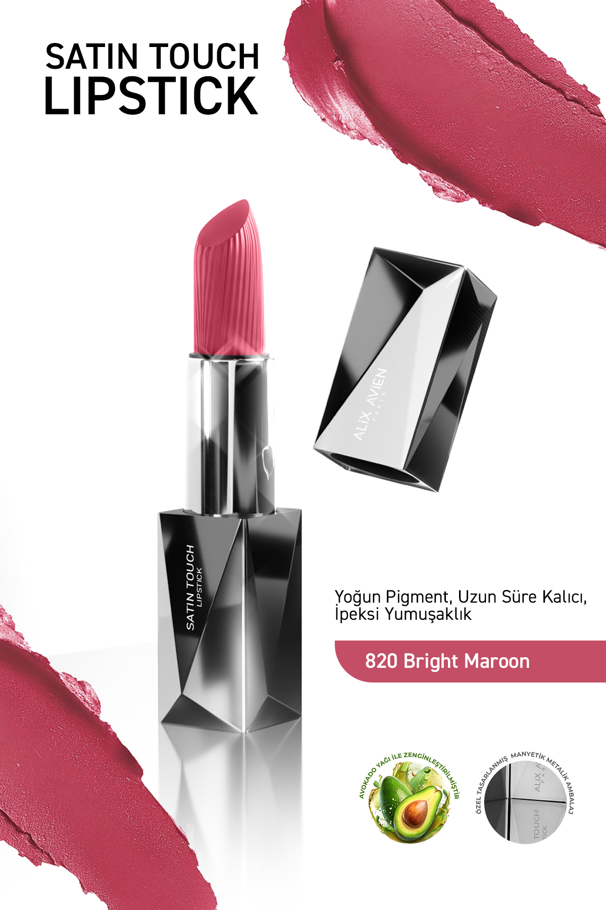 Uzun Süre Kalıcı Nemlendirici Pürüzsüz Etkili Yarı Mat Ruj - Satin Touch Lipstick 820 Bright Maroon