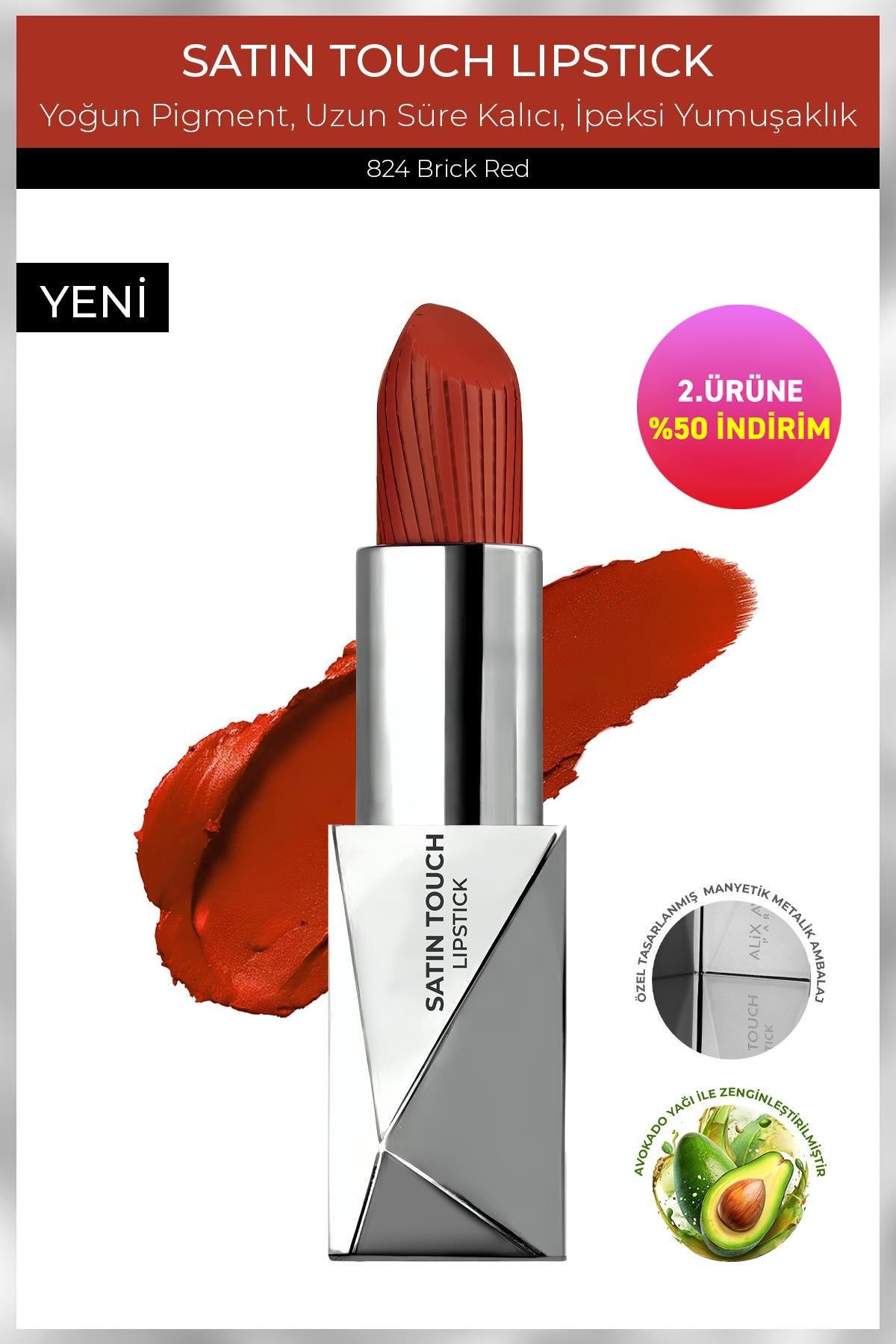 Uzun Süre Kalıcı Nemlendirici Pürüzsüz Etkili Yarı Mat Ruj - Satin Touch Lipstick 824 Brick Red