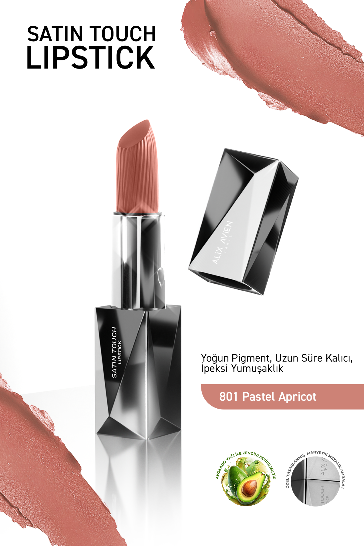 Uzun Süre Kalıcı Nemlendirici Pürüzsüz Etkili Yarı Mat Ruj - Satin Touch Lipstick 801 Pastel Apricot