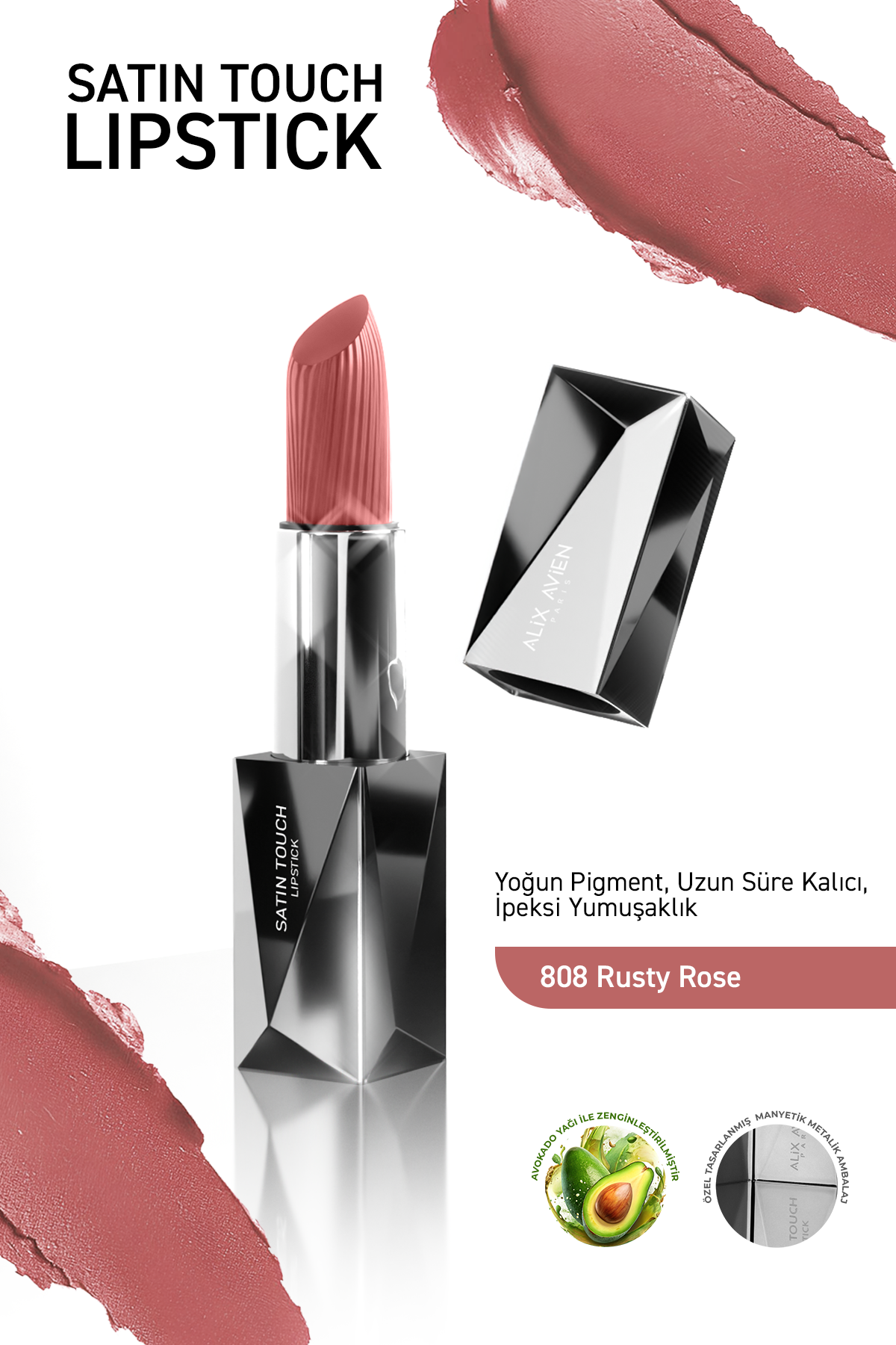 Uzun Süre Kalıcı Nemlendirici Pürüzsüz Etkili Yarı Mat Ruj - Satin Touch Lipstick 808 Rusty Rose