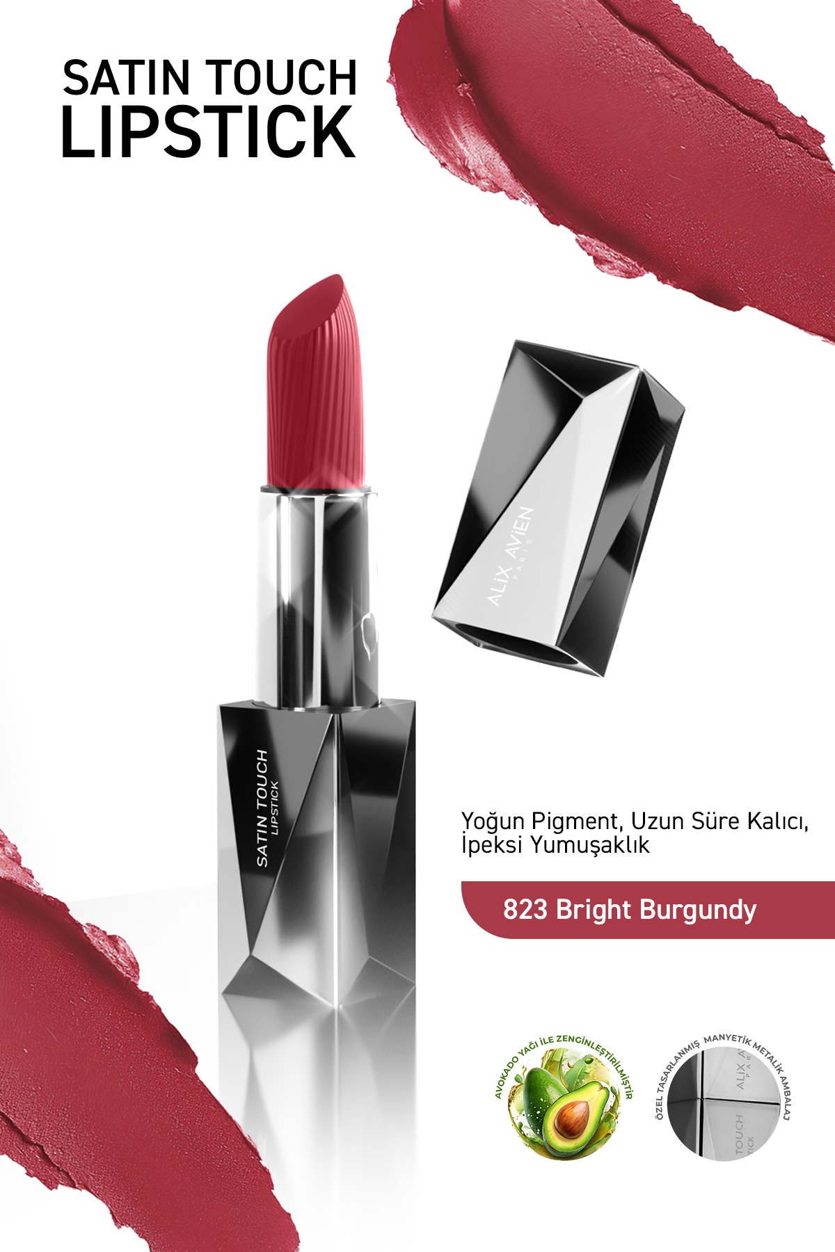 Uzun Süre Kalıcı Nemlendirici Pürüzsüz Etkili Yarı Mat Ruj -Satin Touch Lipstick 823 Bright Burgundy