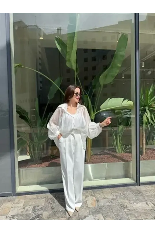 Beyaz Palazzo Model Pantolon