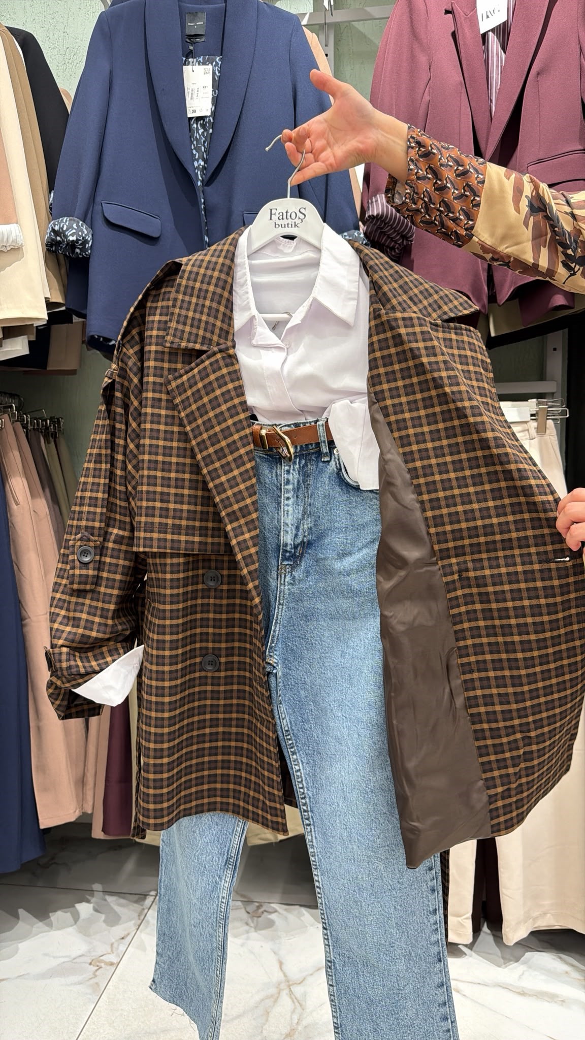 Ekose Desen Kuşaklı Oversize Trenç