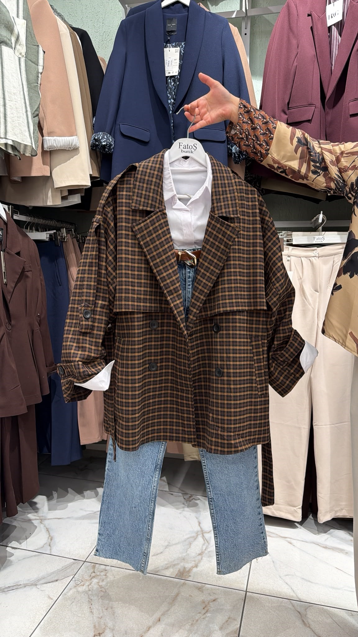 Ekose Desen Kuşaklı Oversize Trenç