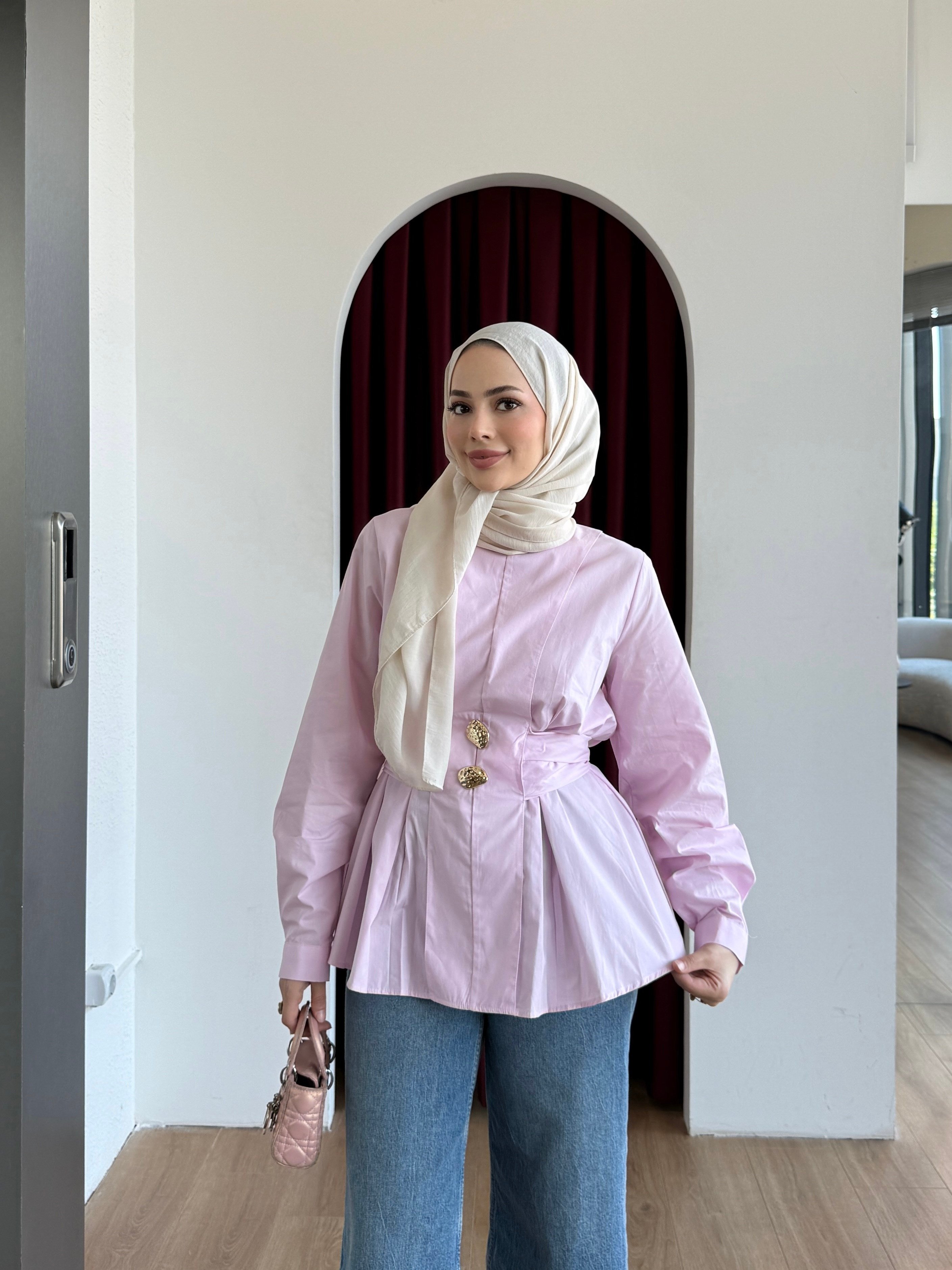 Aksesuarlı Bel Detaylı Gömlek Lila