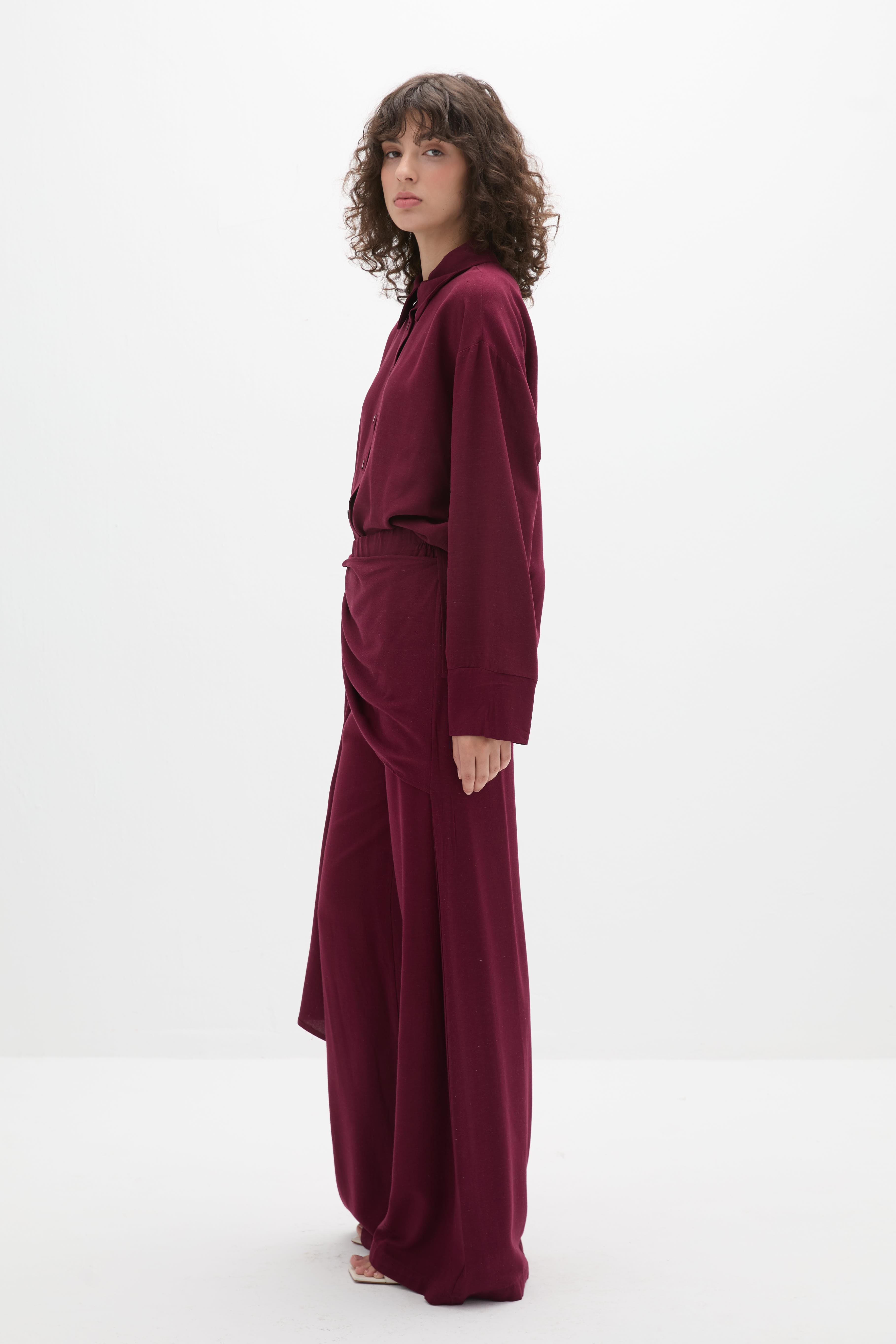 Asimetrik Bağlamalı Pantolon Takım Bordo
