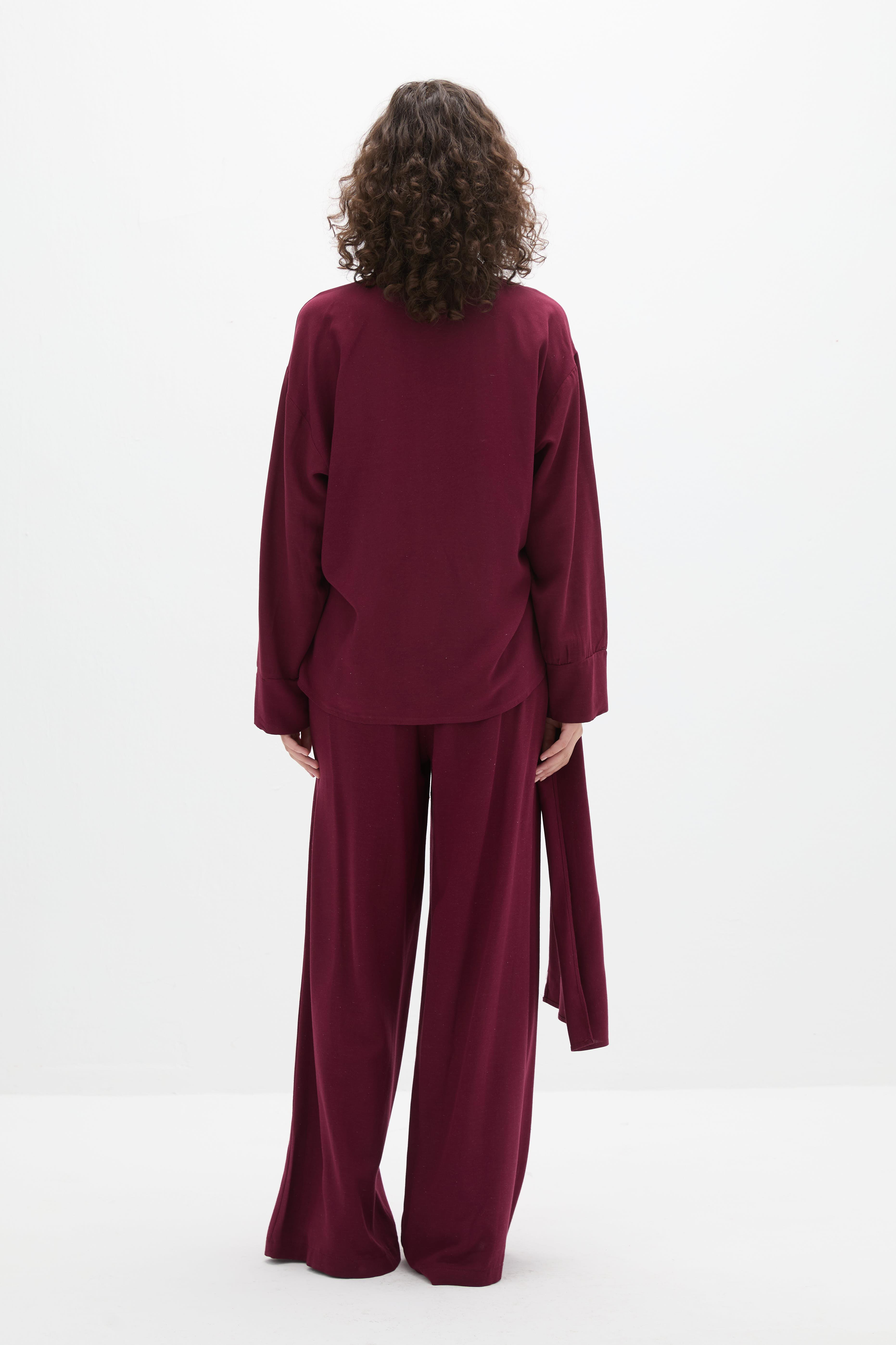 Asimetrik Bağlamalı Pantolon Takım Bordo