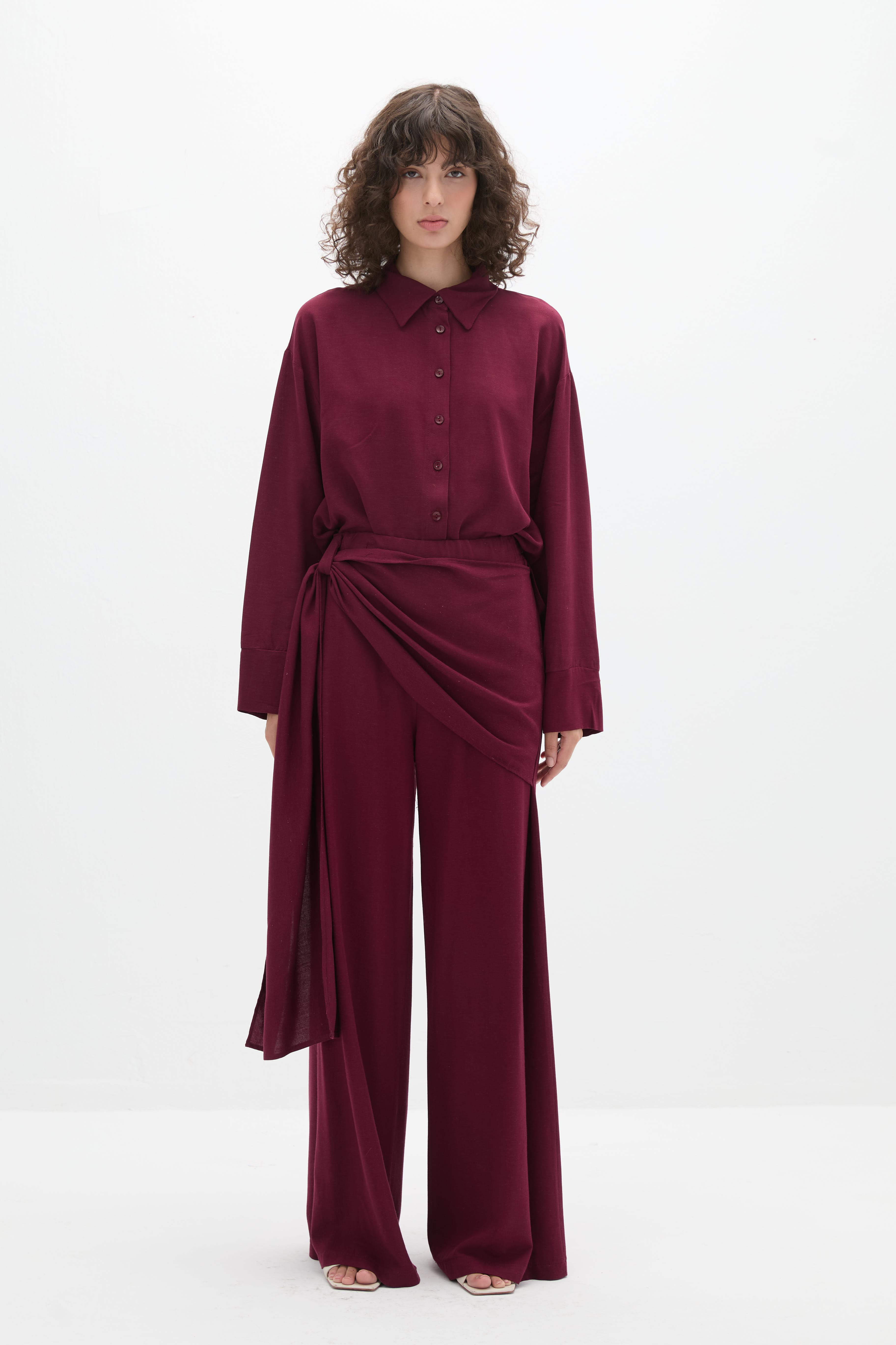 Asimetrik Bağlamalı Pantolon Takım Bordo