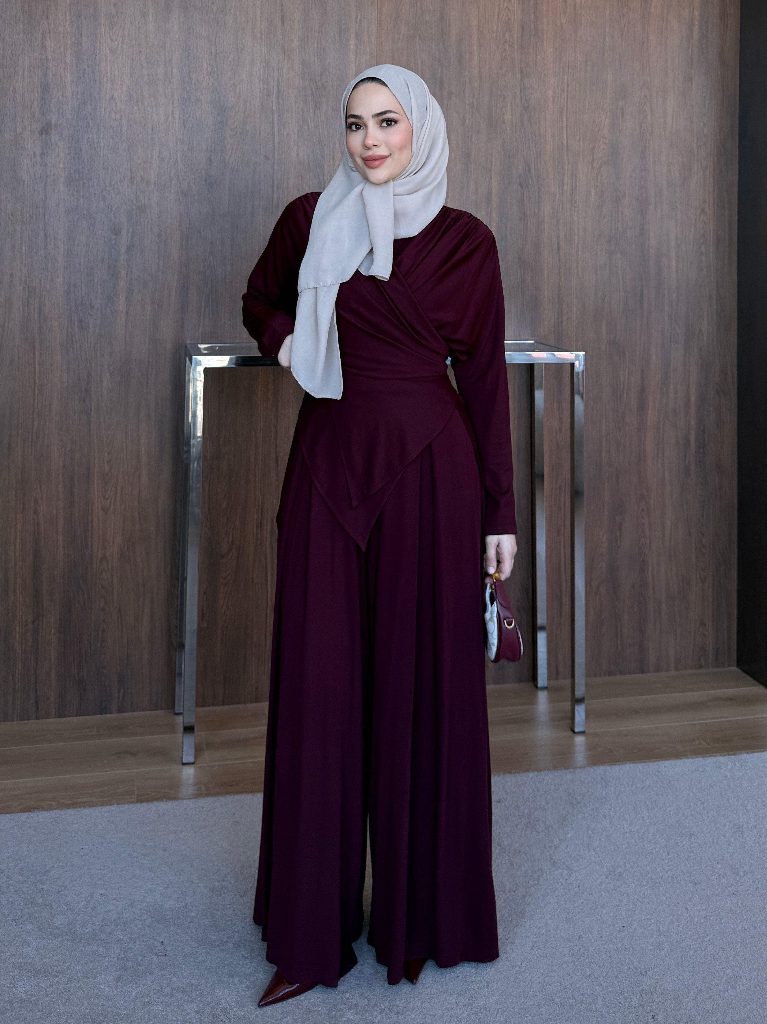 Asimetrik Dökümlü Pantolon Takım Mürdüm