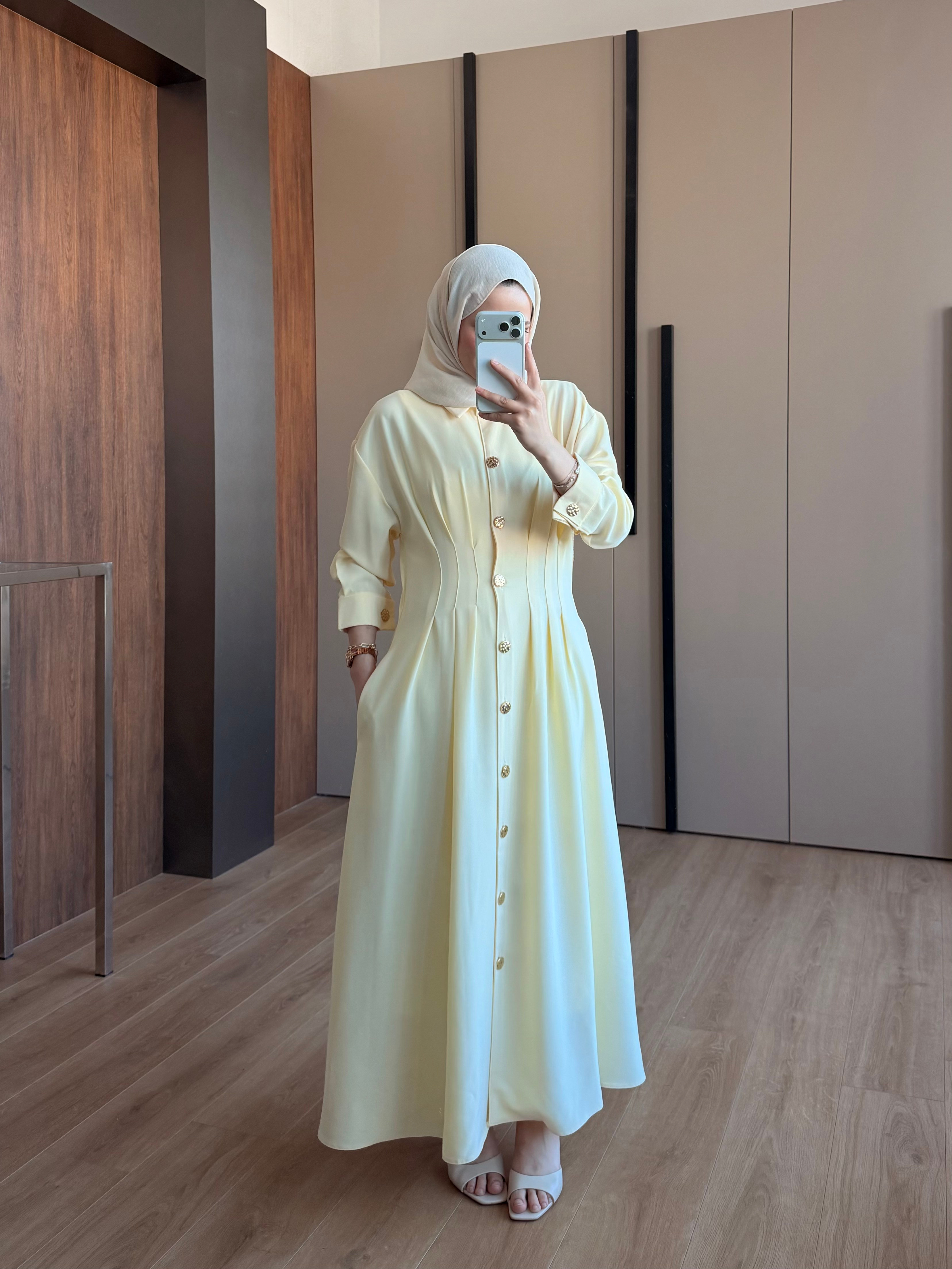Bel Detaylı Elbise Sarı
