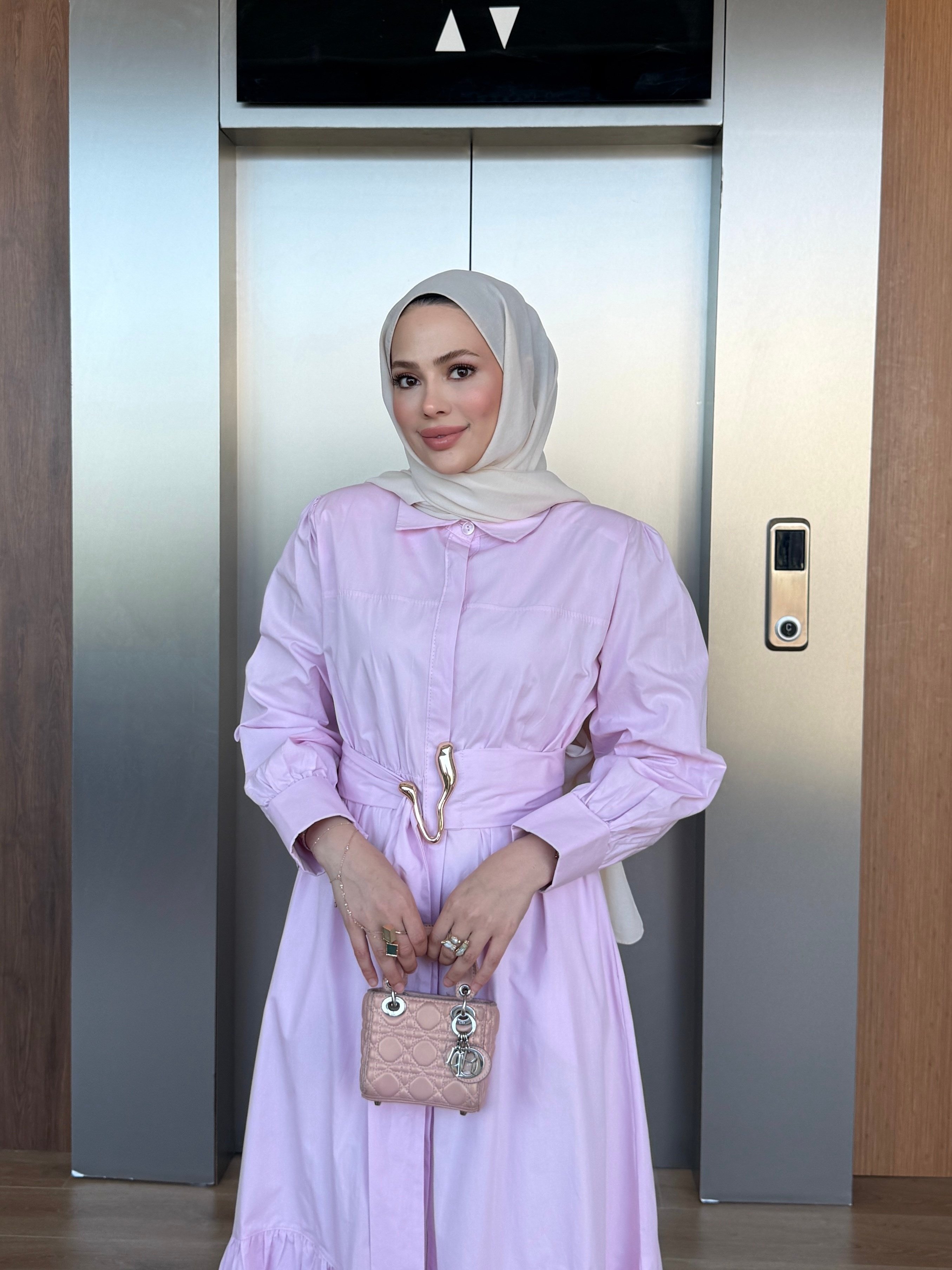 Belden Bağlamalı Poplin Elbise Pembe