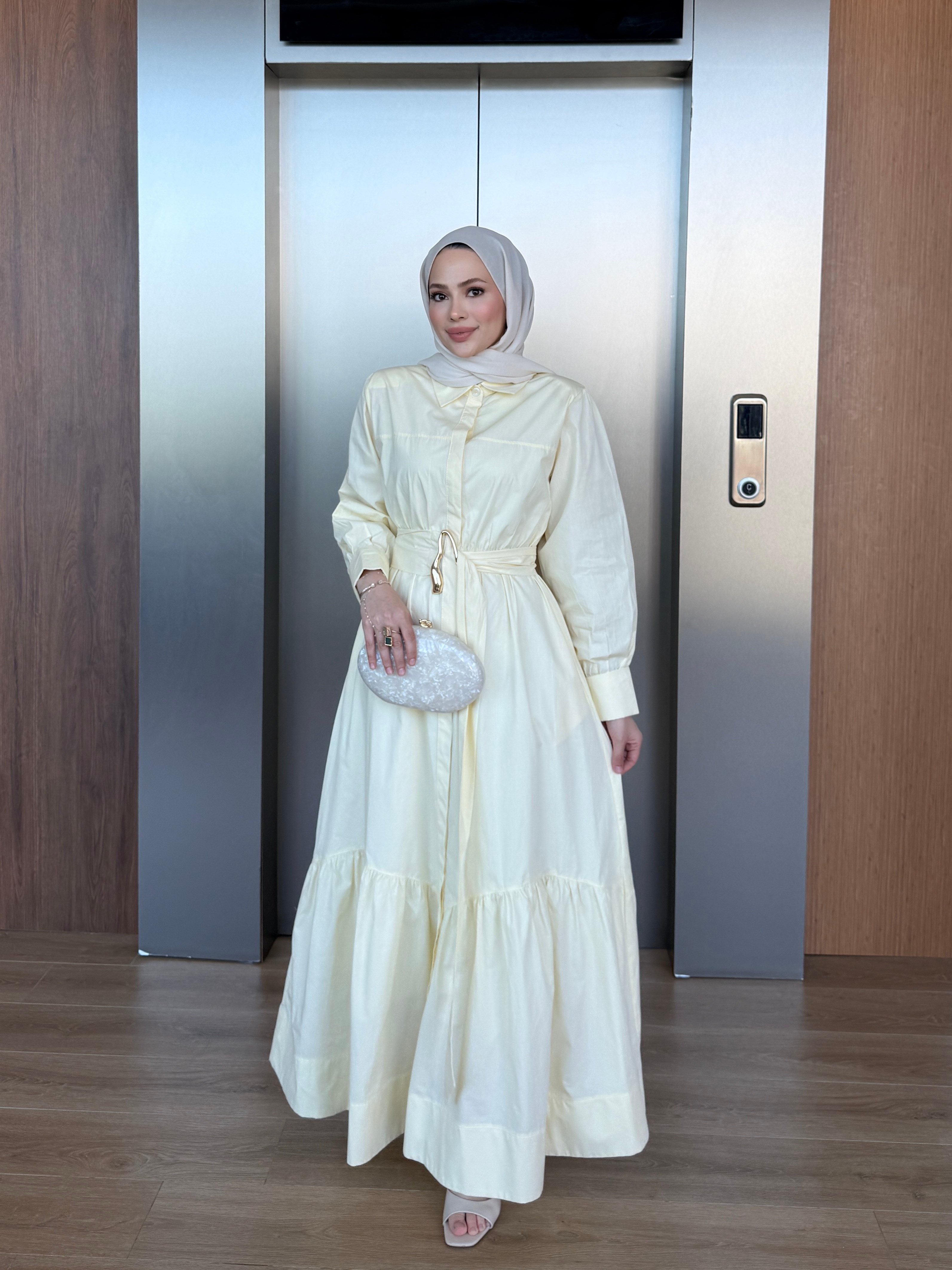 Belden Bağlamalı Poplin Elbise Sarı