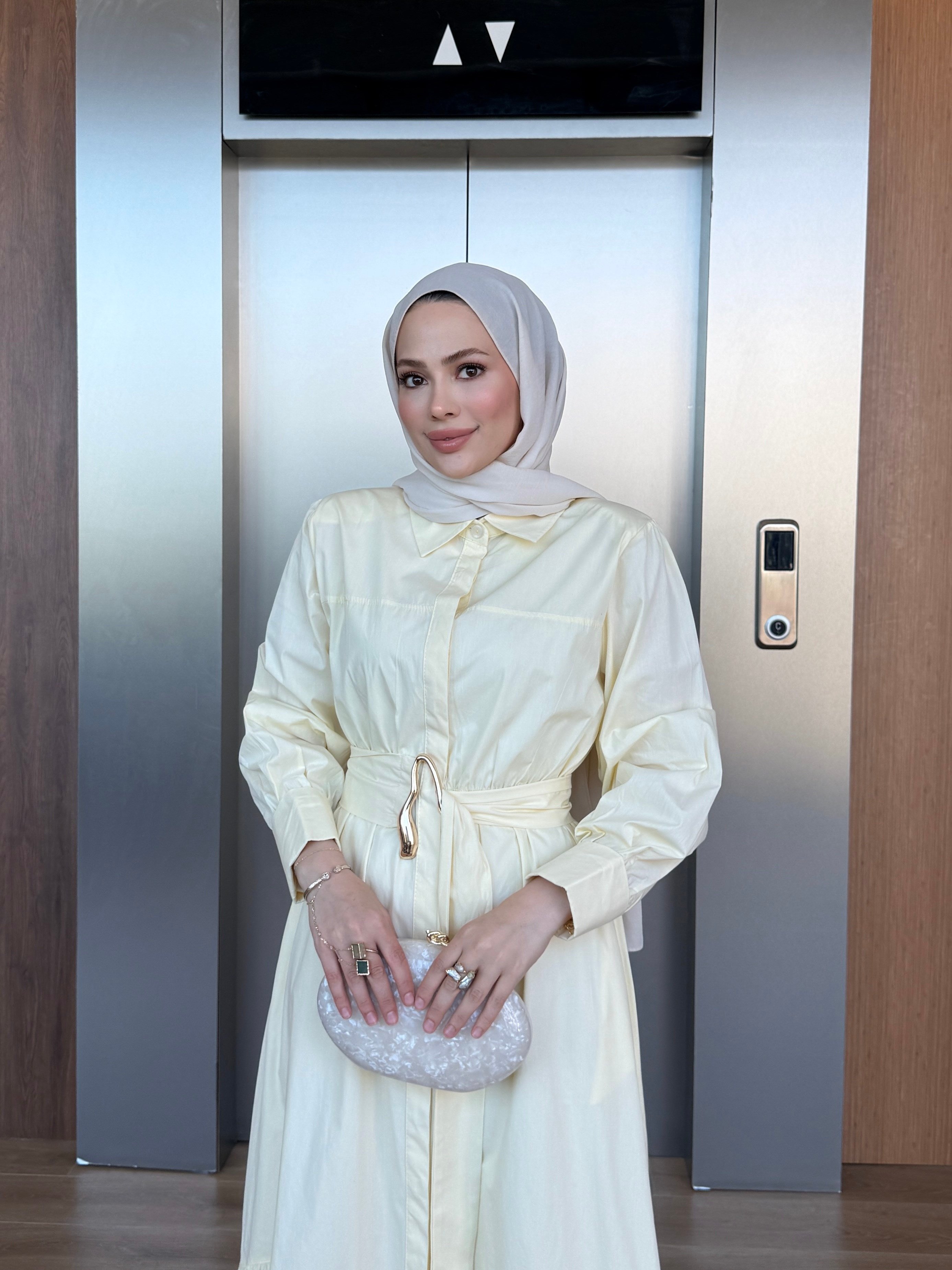 Belden Bağlamalı Poplin Elbise Sarı