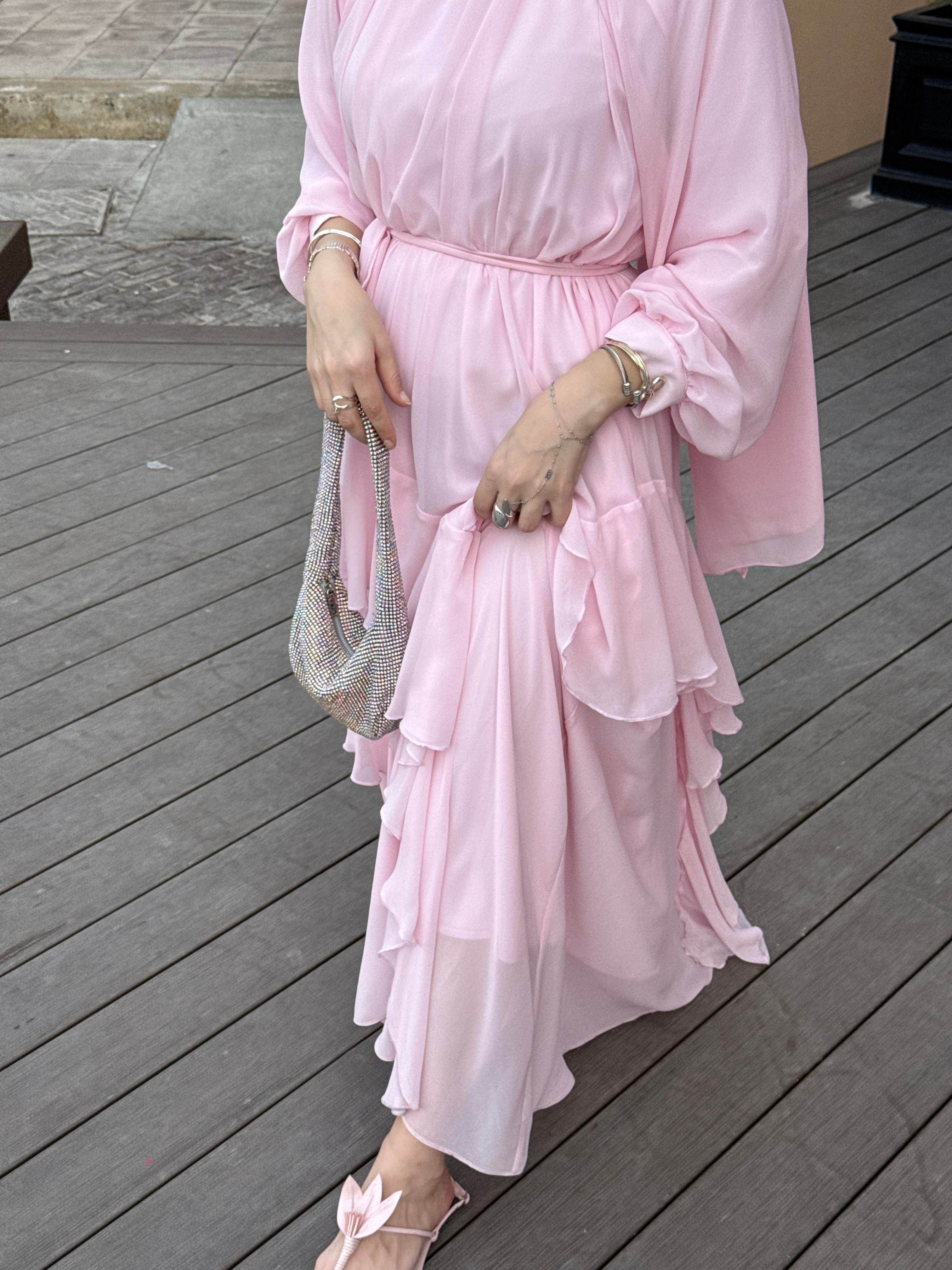Biyeli Şifon Elbise Pembe