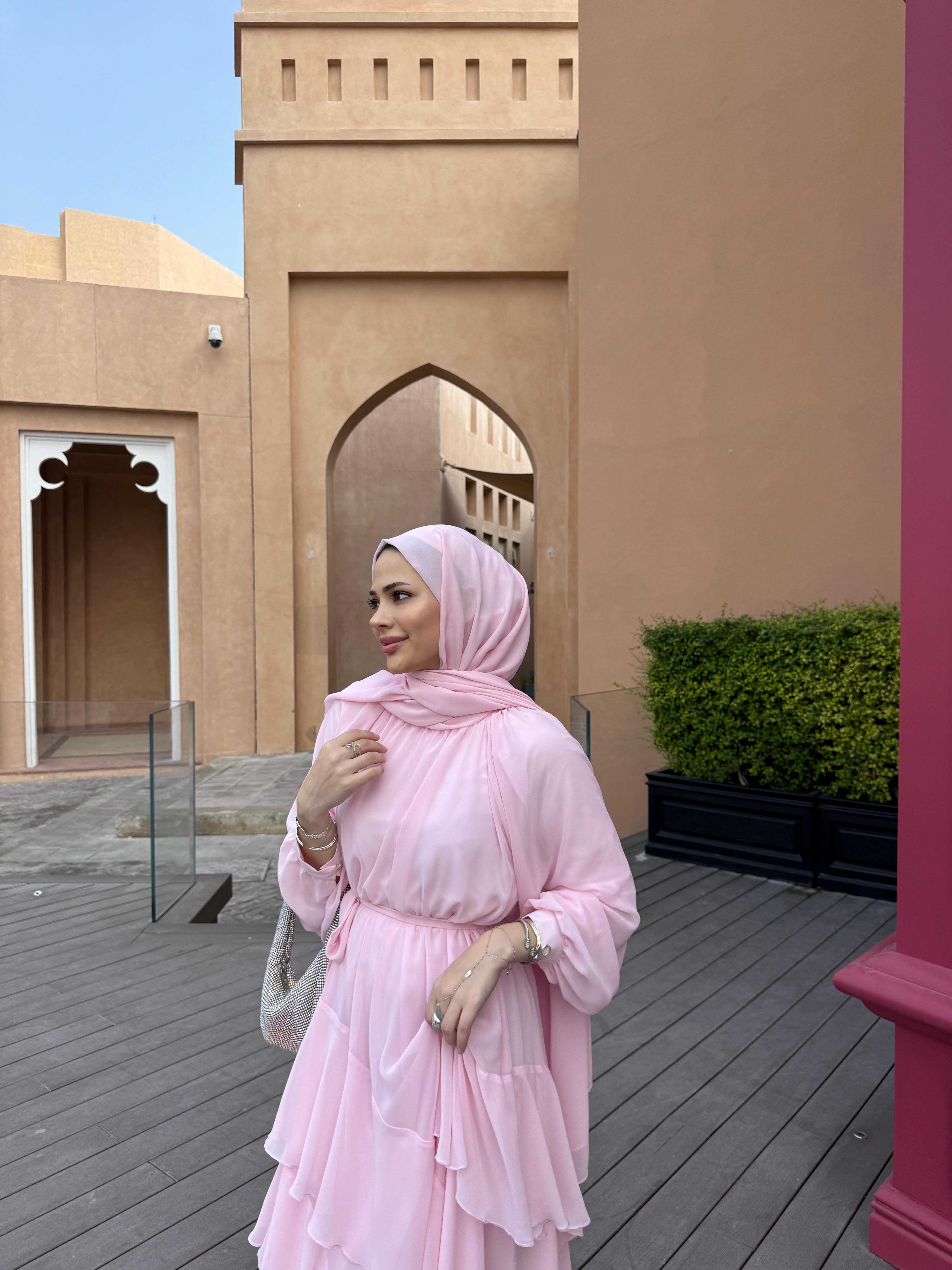 Biyeli Şifon Elbise Pembe