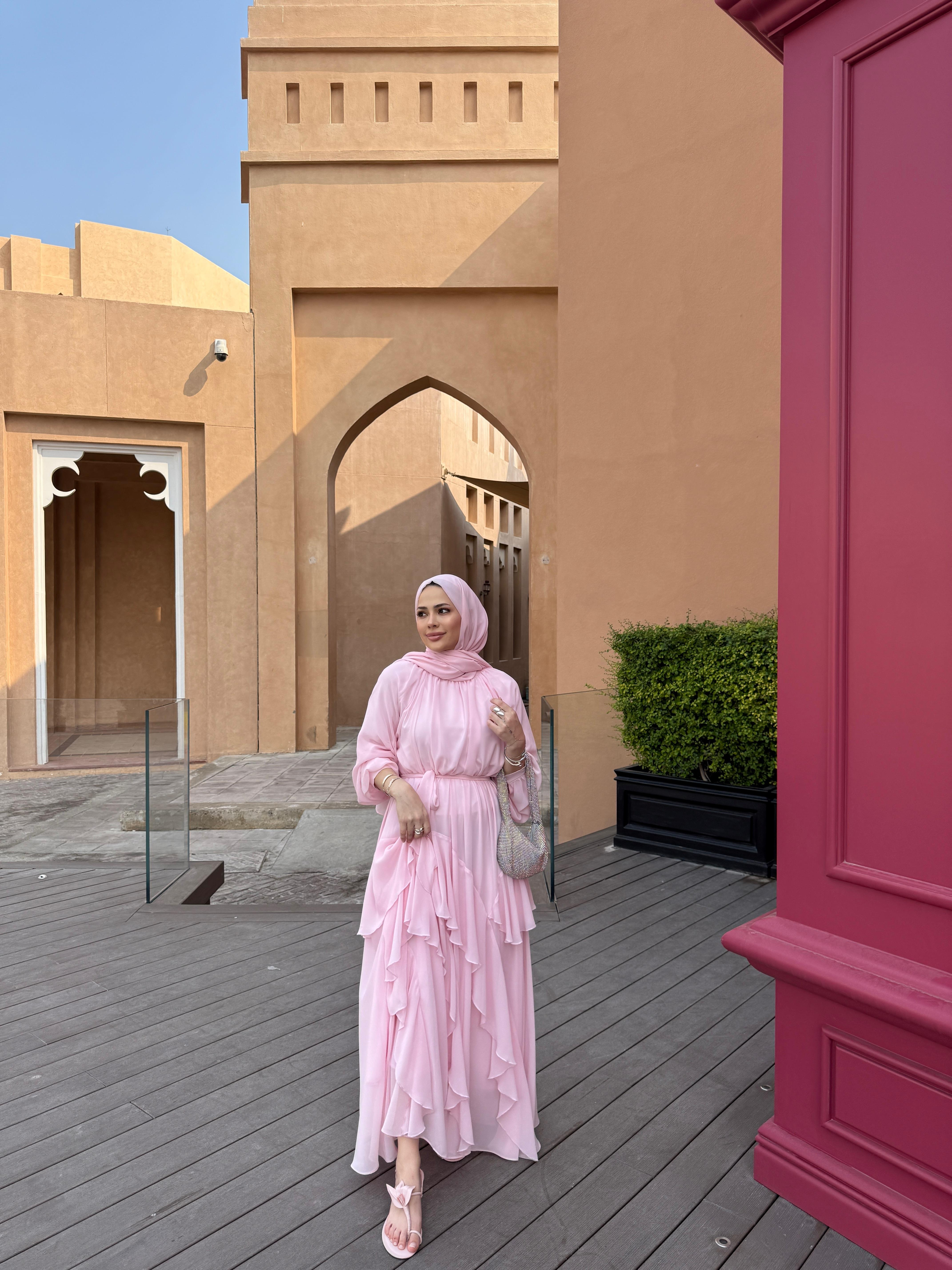 Biyeli Şifon Elbise Pembe