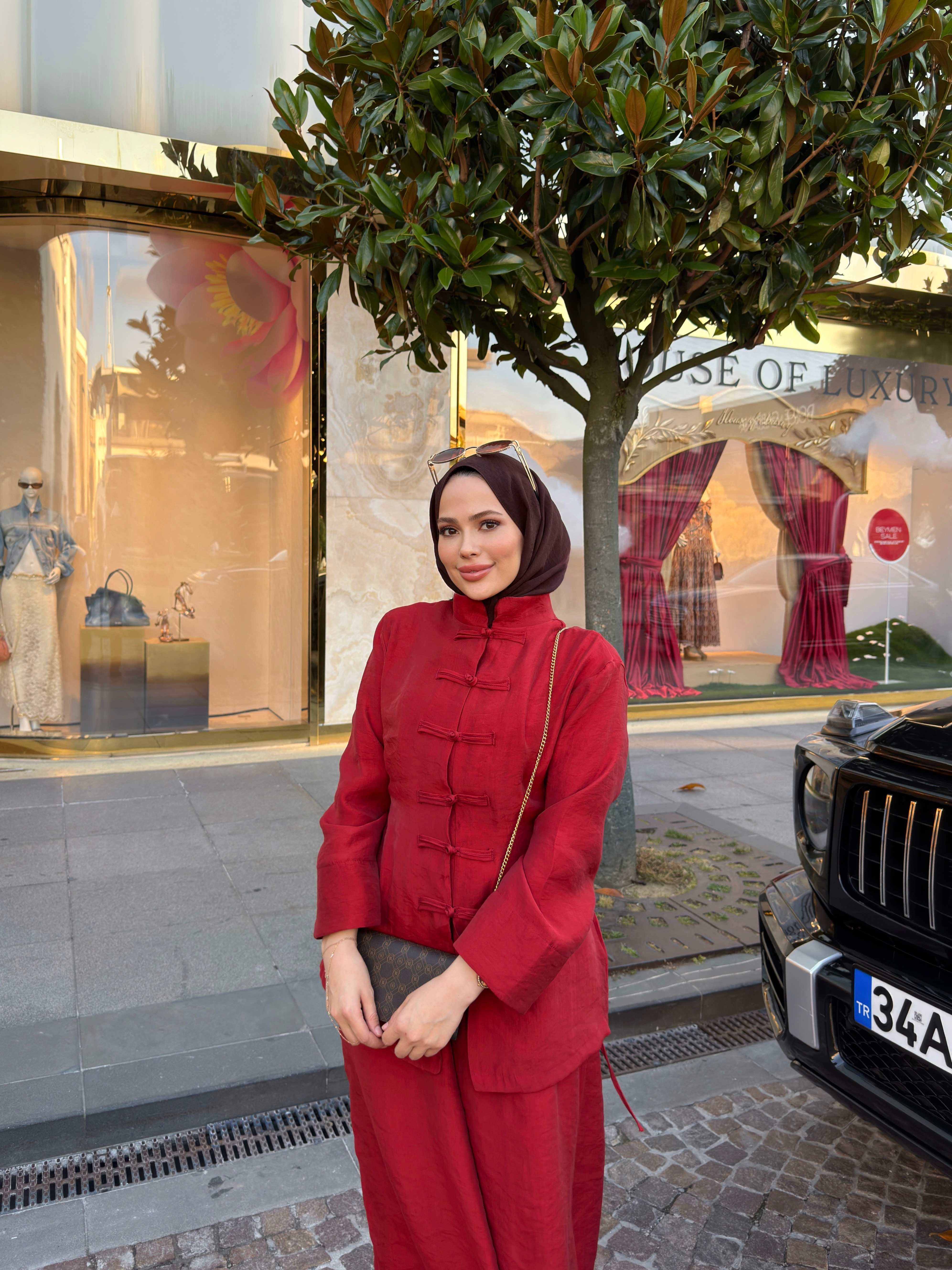 Brit Düğmeli Pantolon Takım Kırmızı