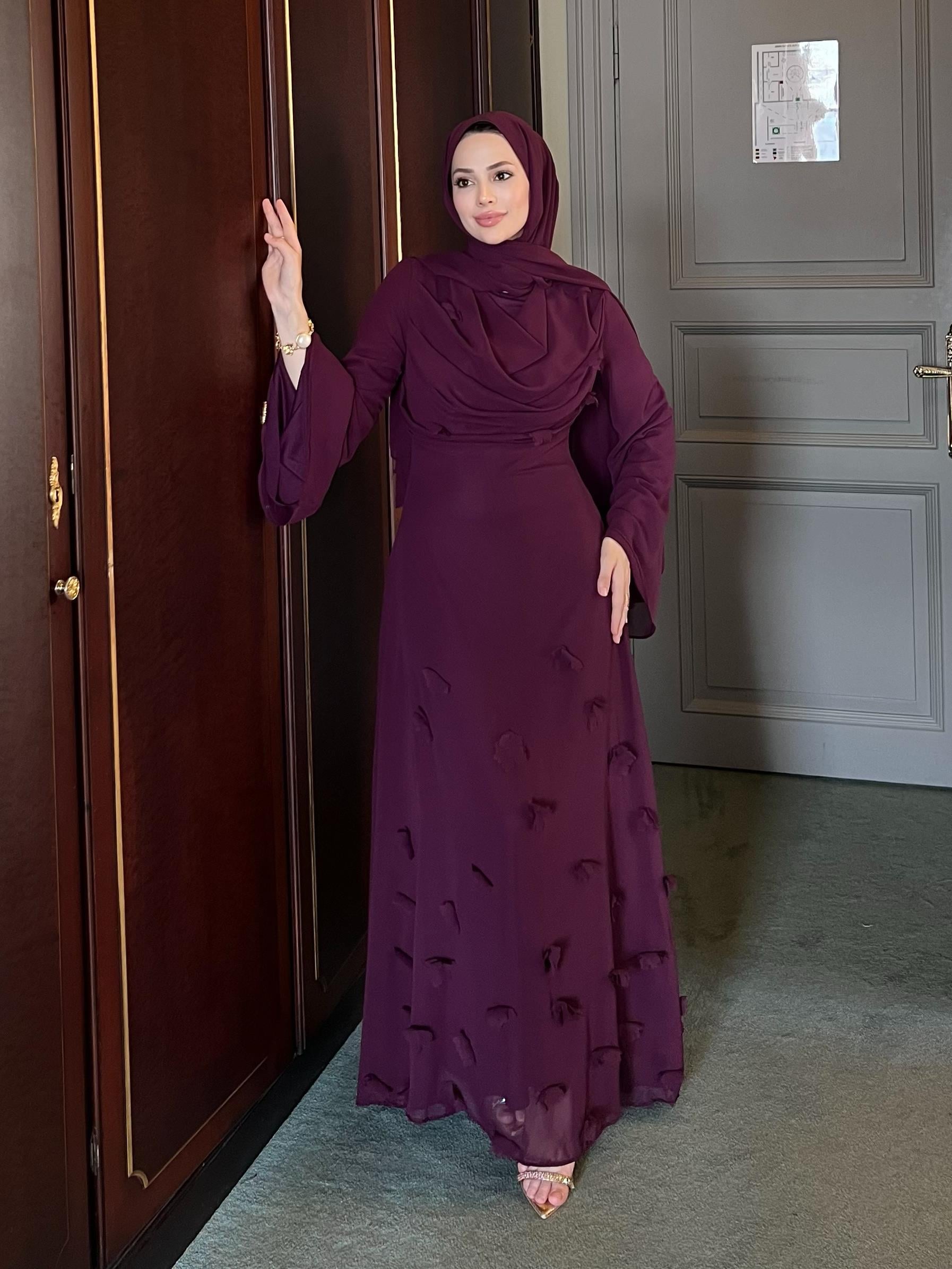 Çiçekli Drape Detaylı Elbise Mor
