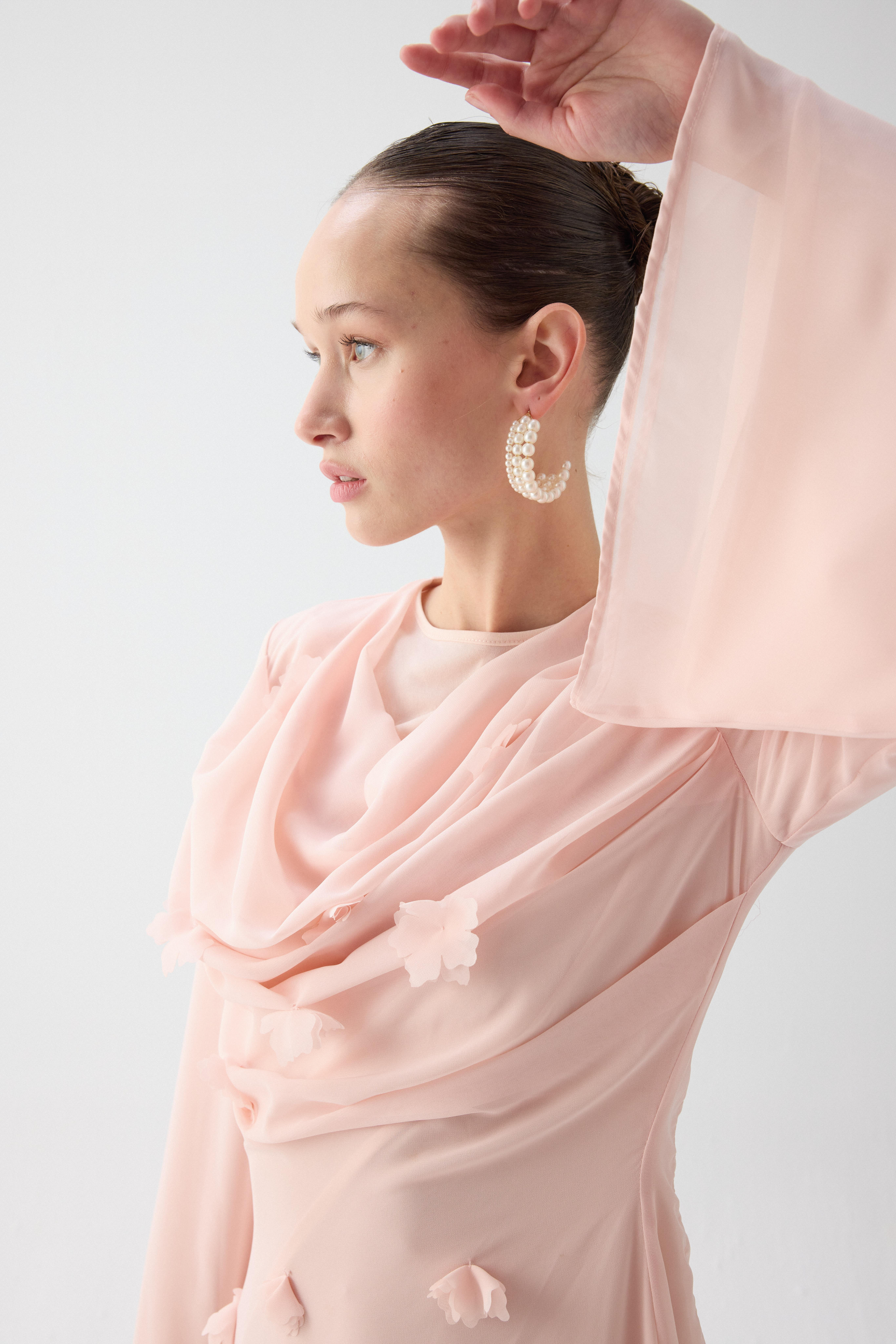 Çiçekli Drape Detaylı Elbise Pembe