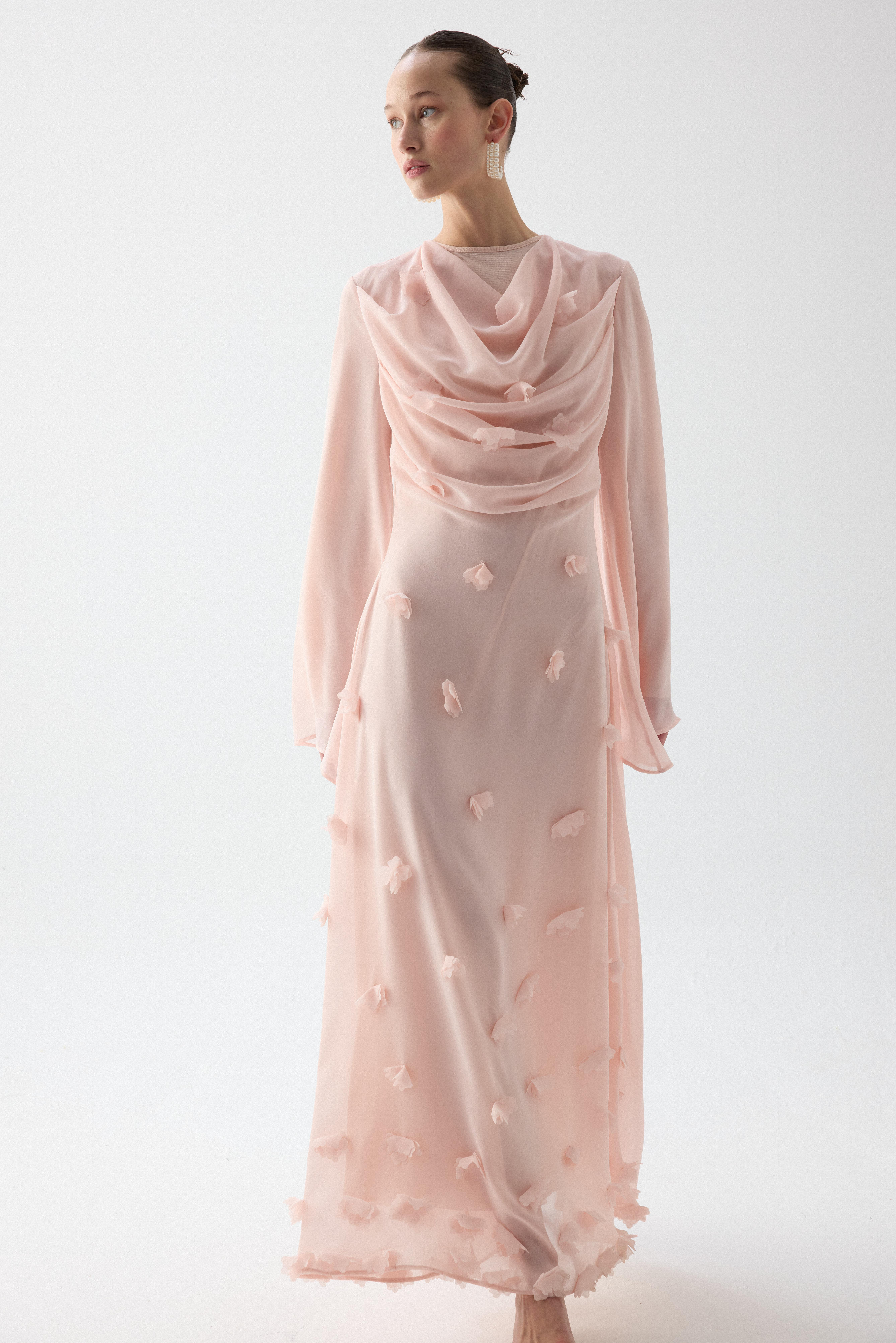 Çiçekli Drape Detaylı Elbise Pembe