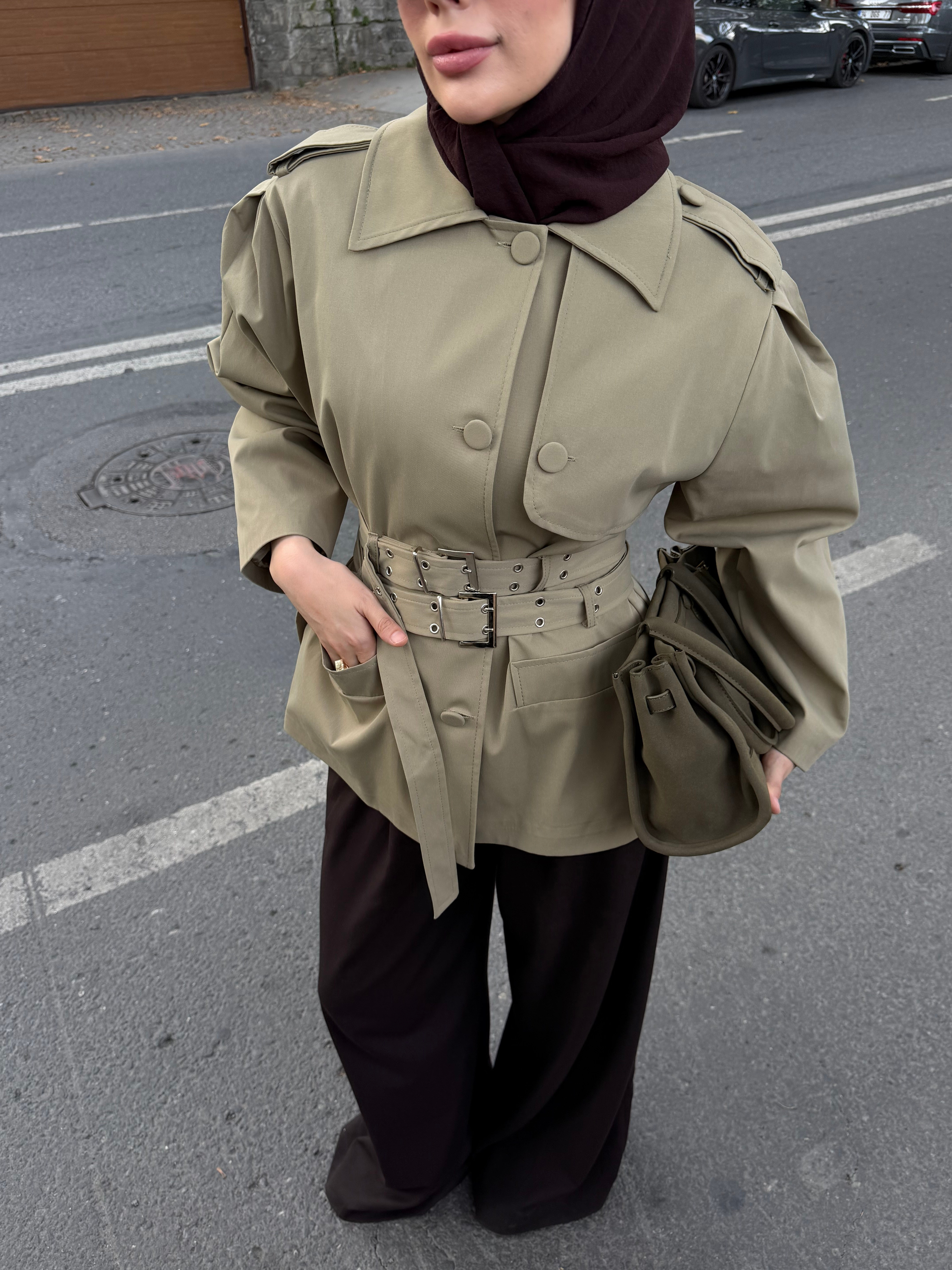 Çift Kemerli Trenç Haki