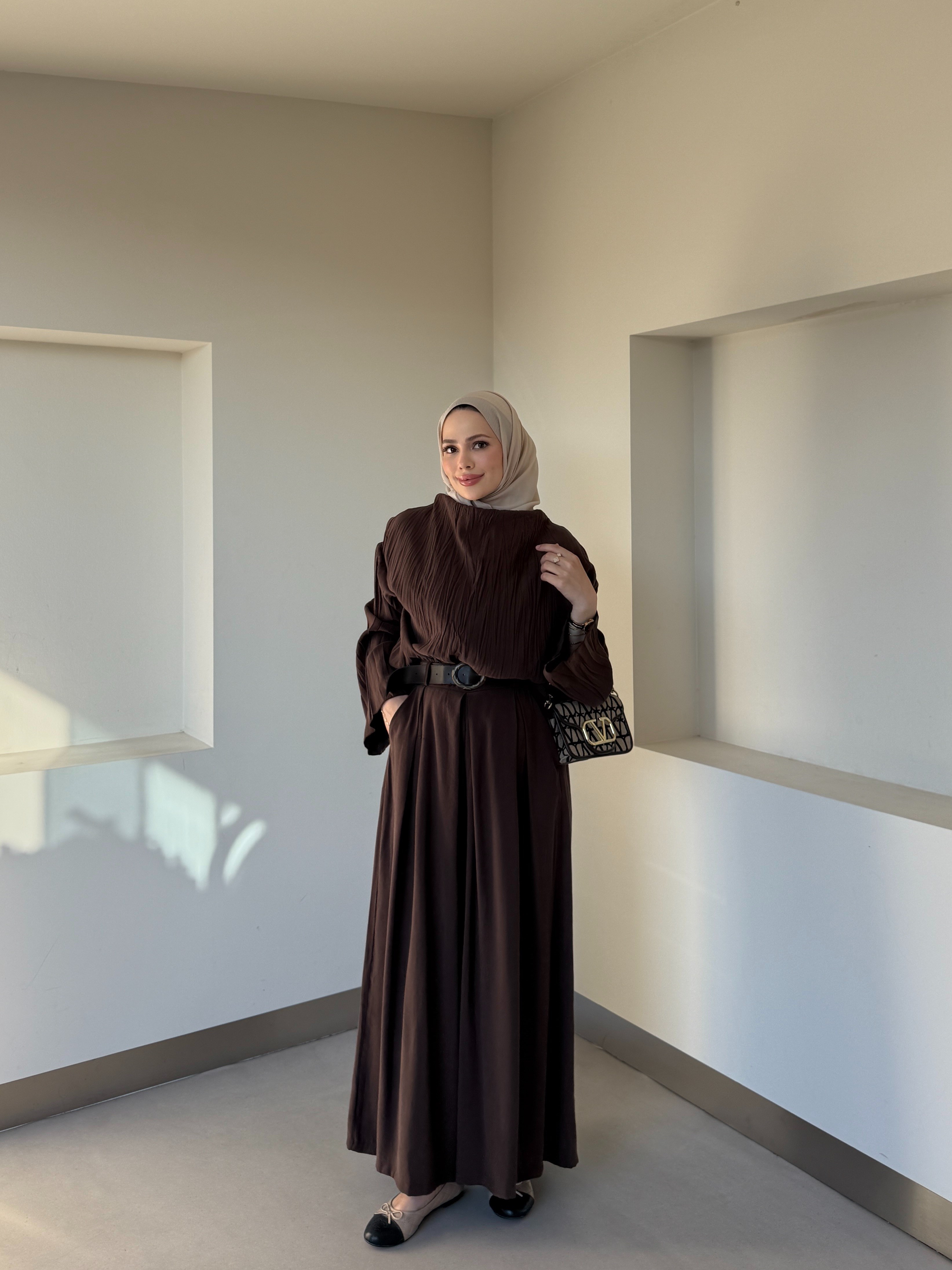 Dökümlü Pileli Pantolon Takım Kahverengi