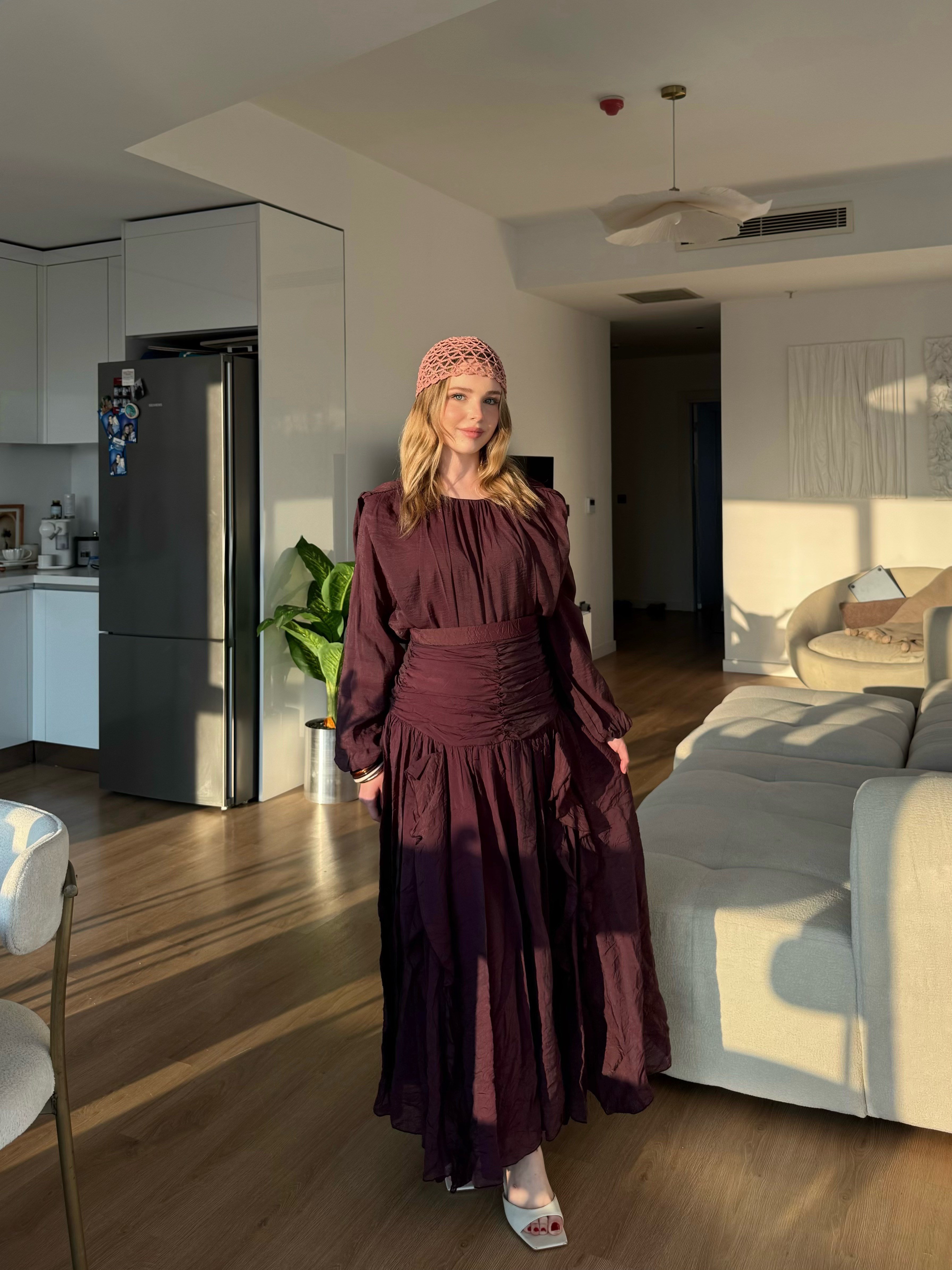 Drape Büzgülü Etek Takım Bordo