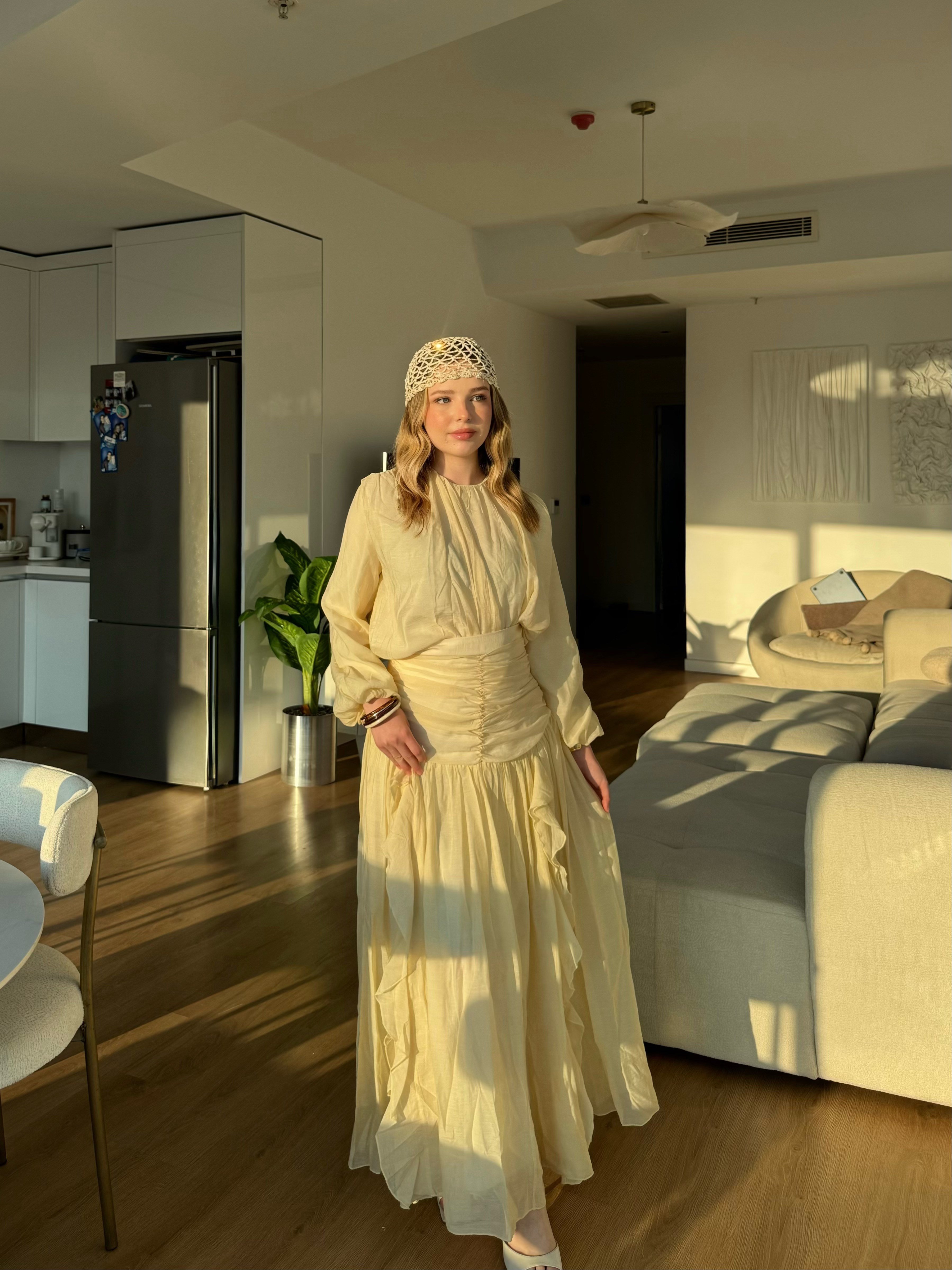 Drape Büzgülü Etek Takım Sarı