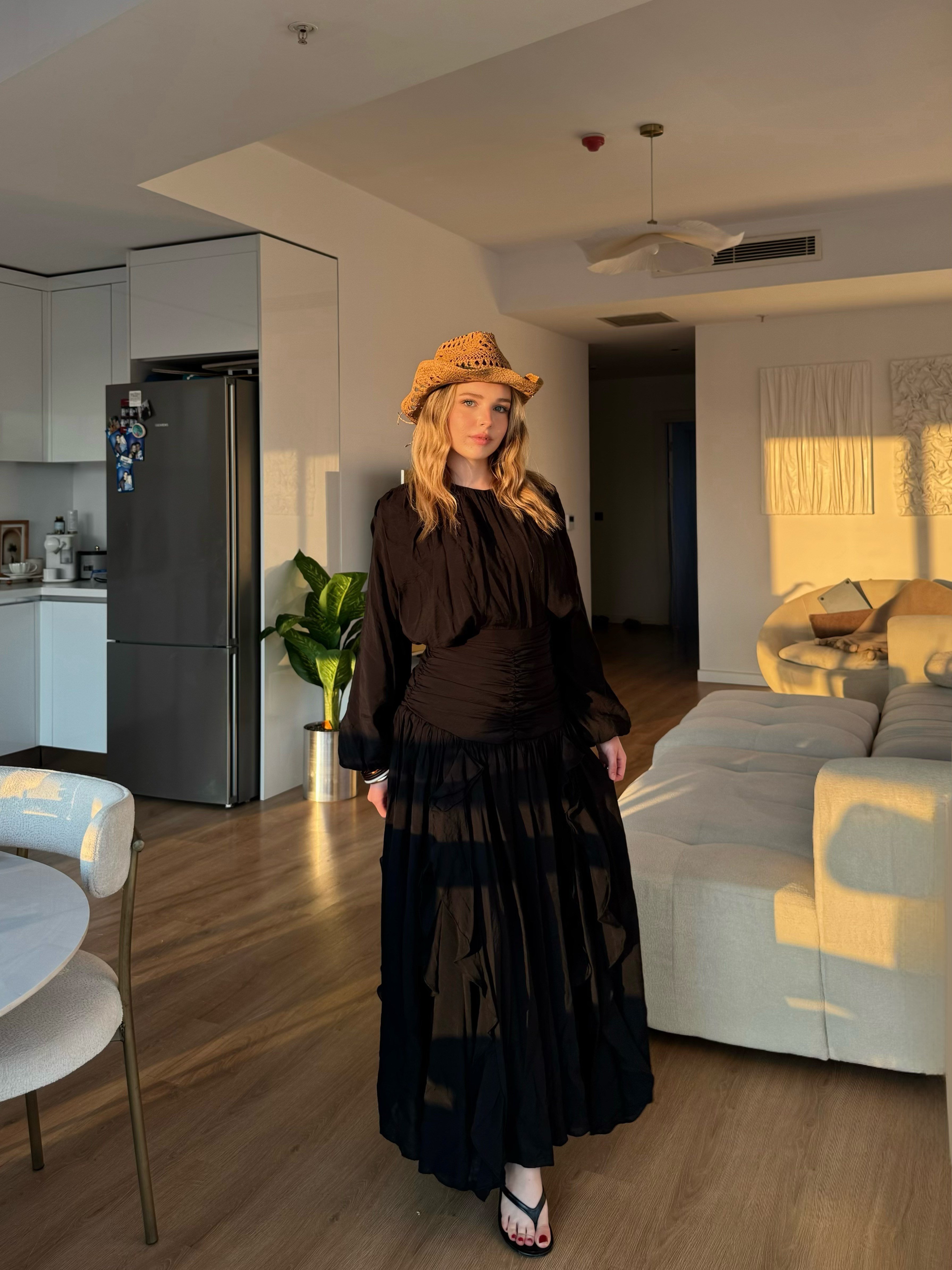Drape Büzgülü Etek Takım Siyah