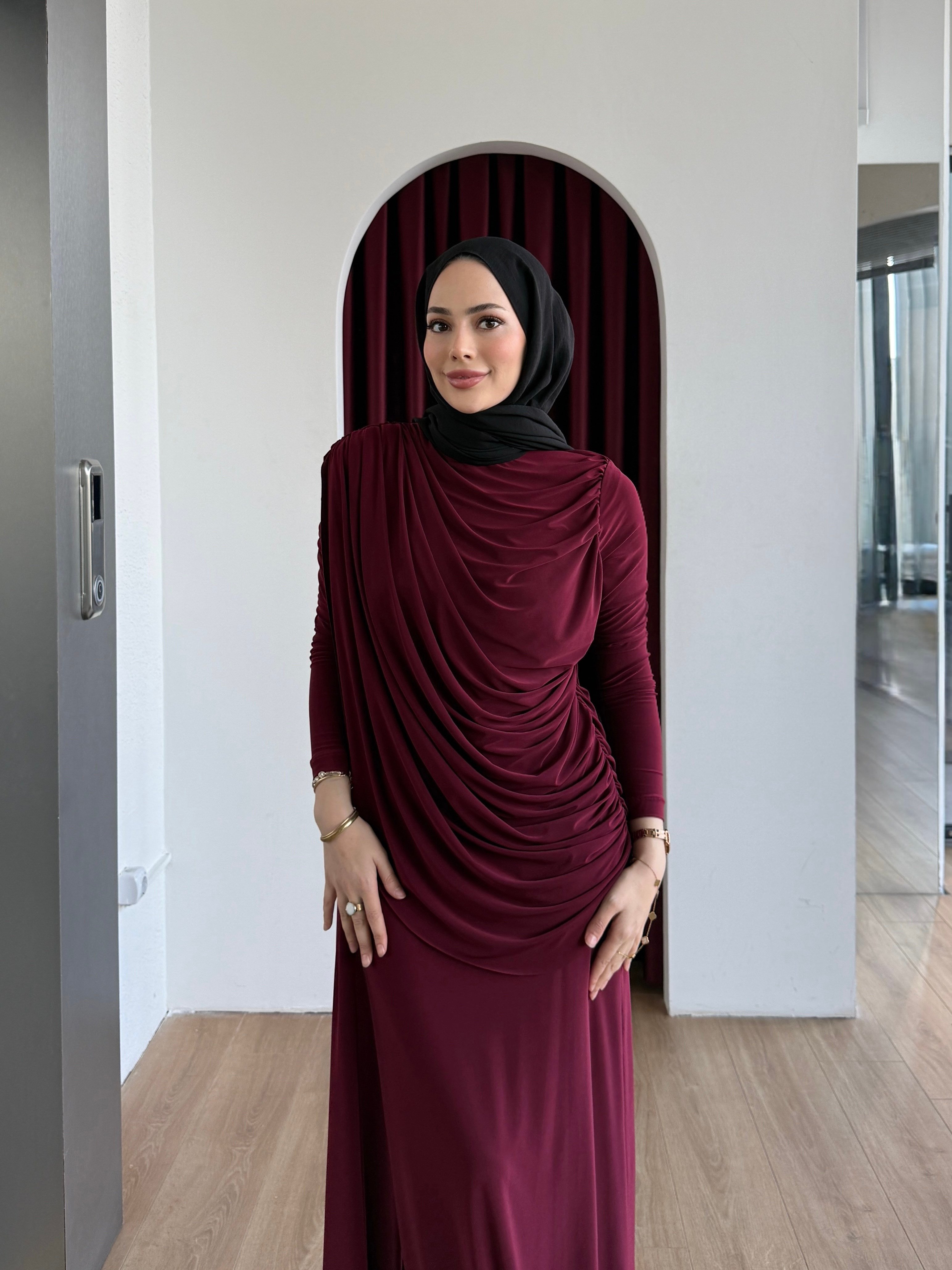Drape Detaylı Elbise Bordo