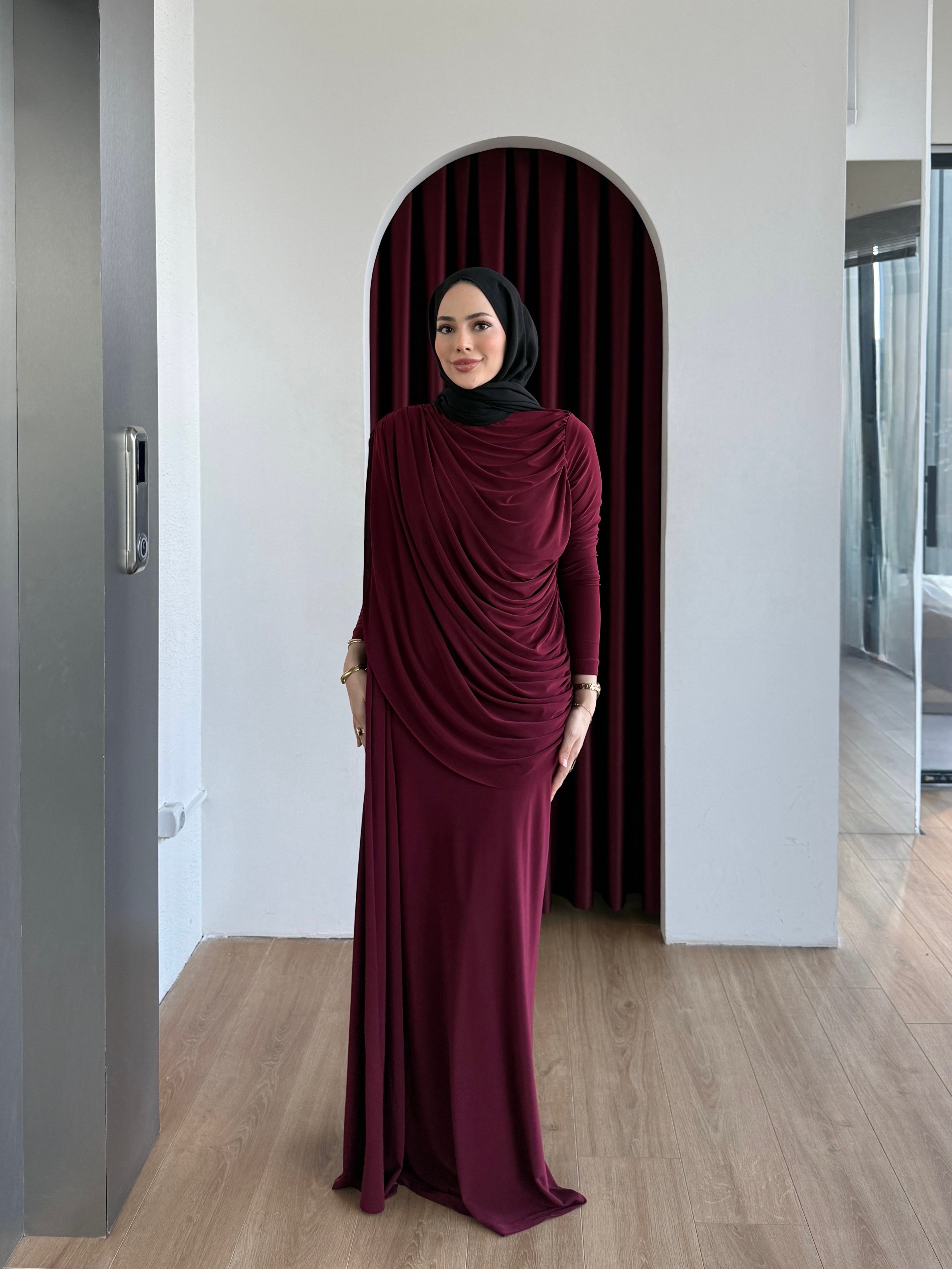 Drape Detaylı Elbise Bordo