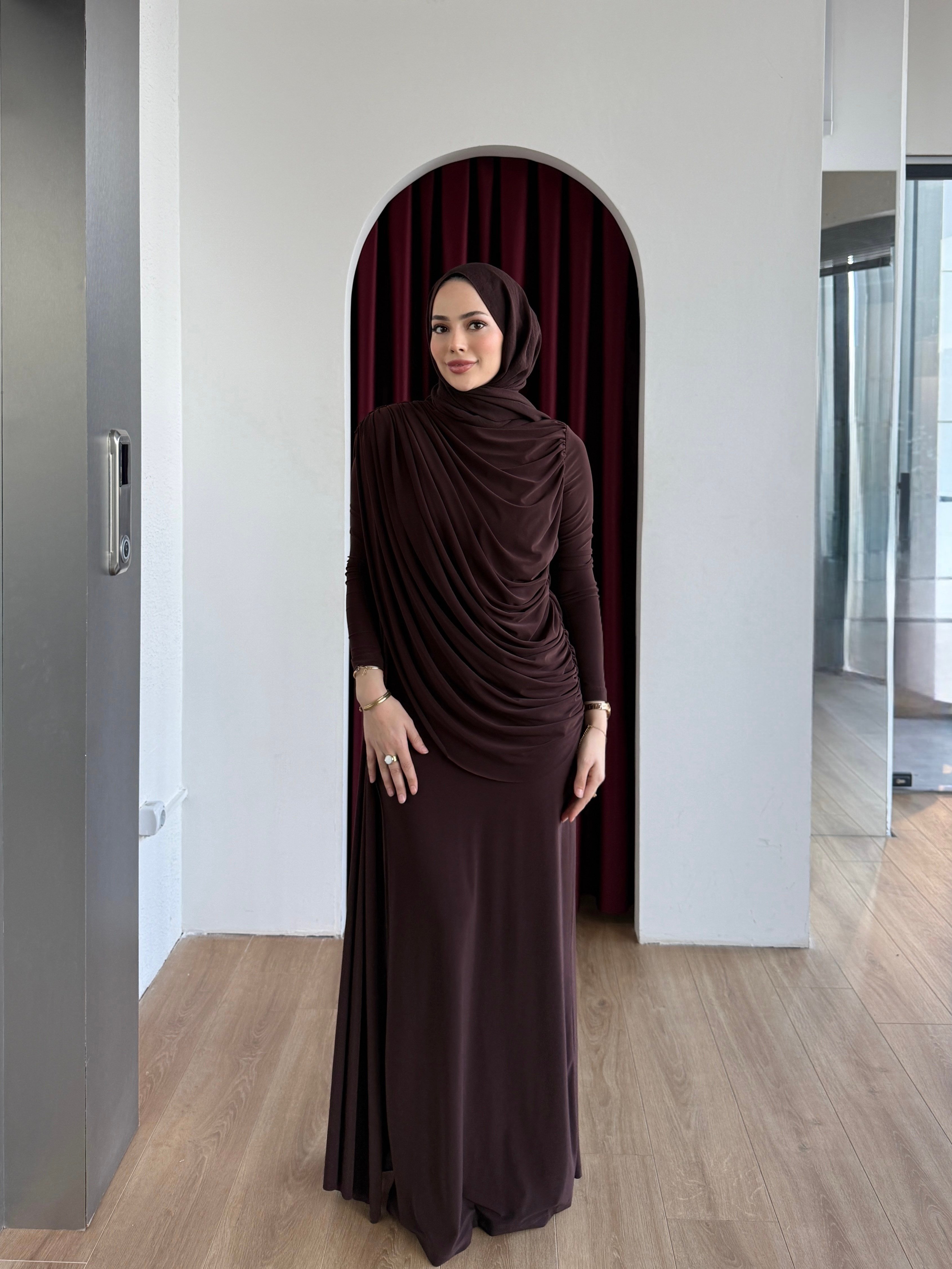 Drape Detaylı Elbise Kahverengi