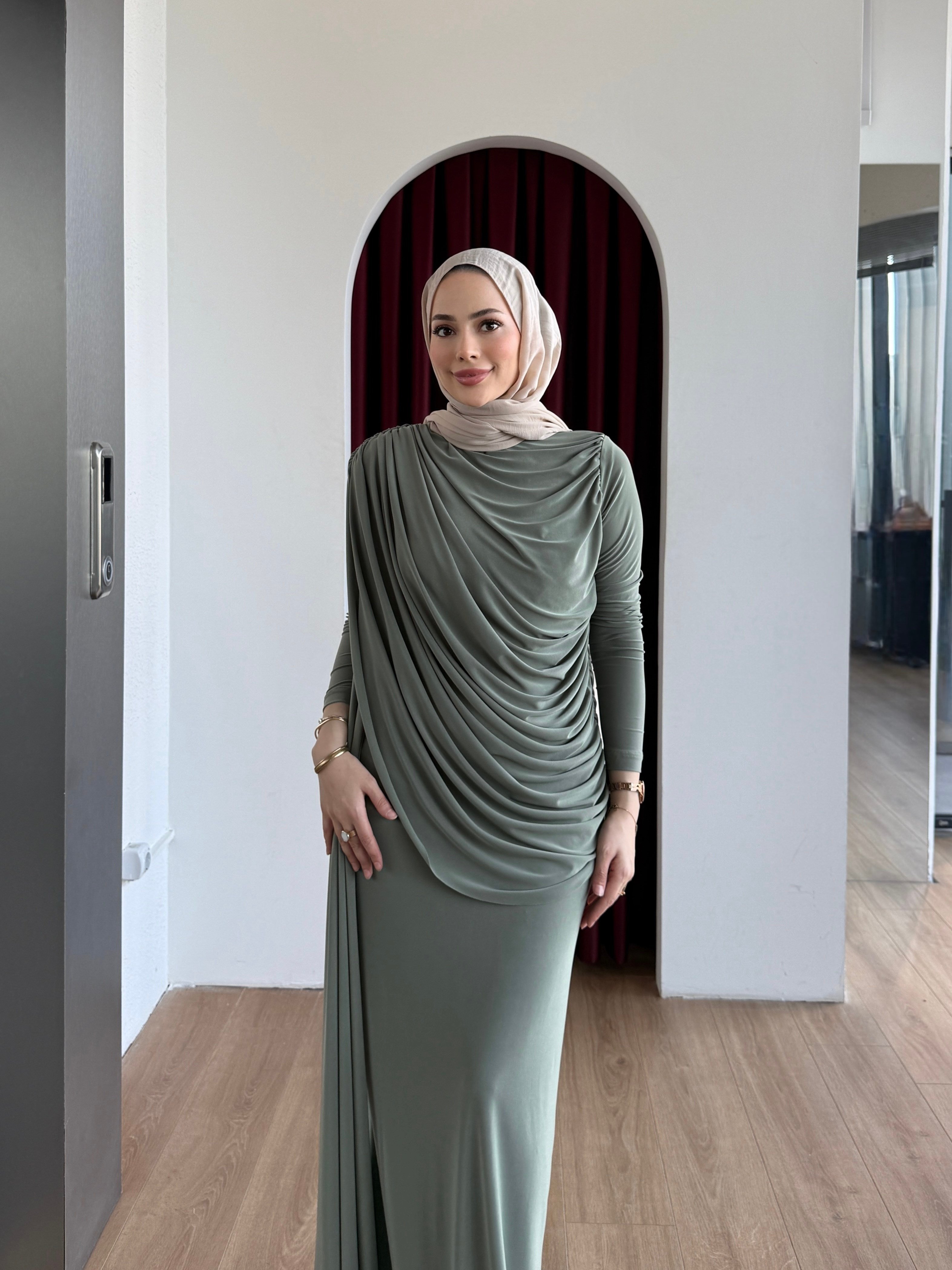 Drape Detaylı Elbise Yeşil