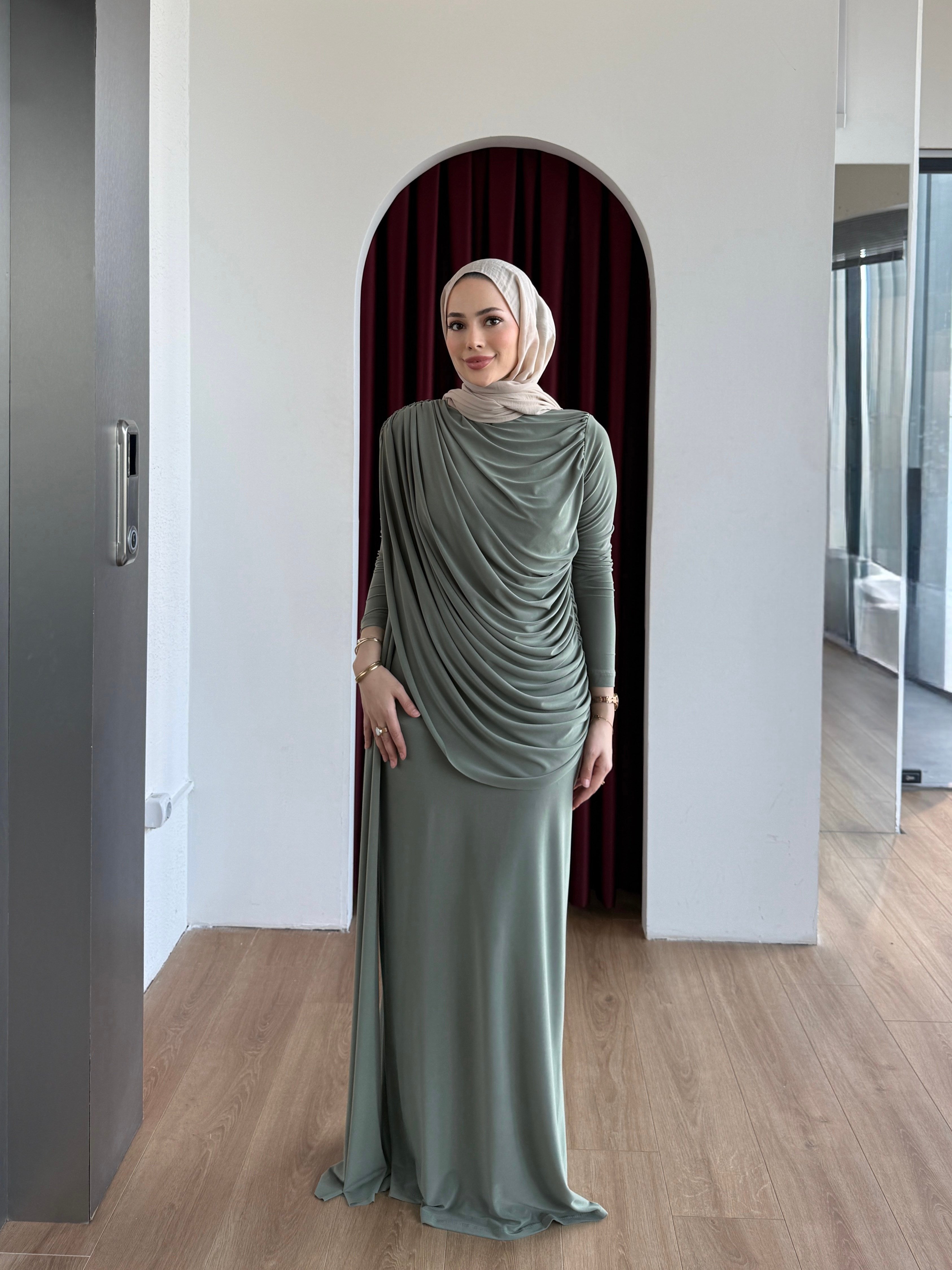 Drape Detaylı Elbise Yeşil