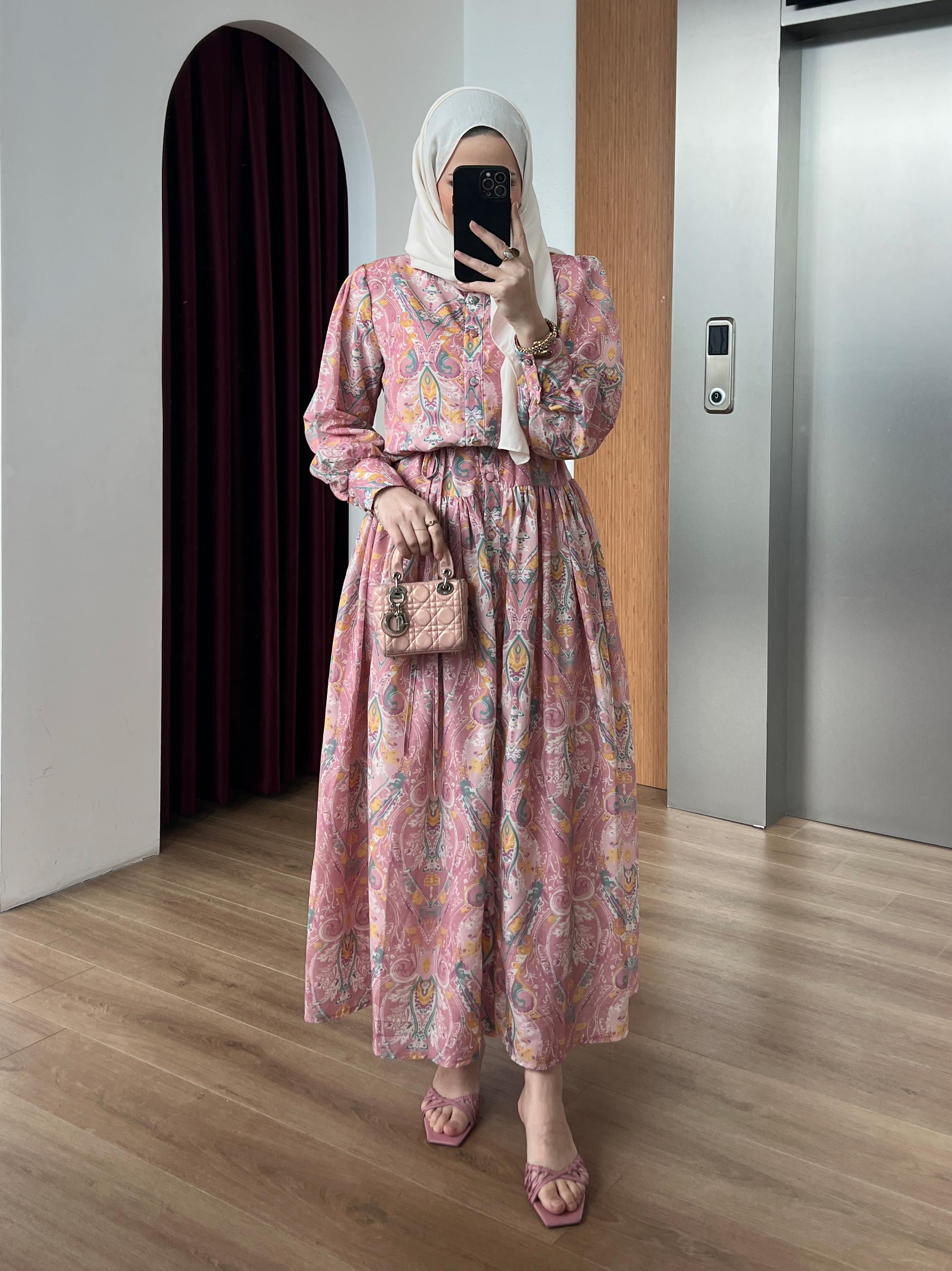 Etnik Desen Elbise Pembe