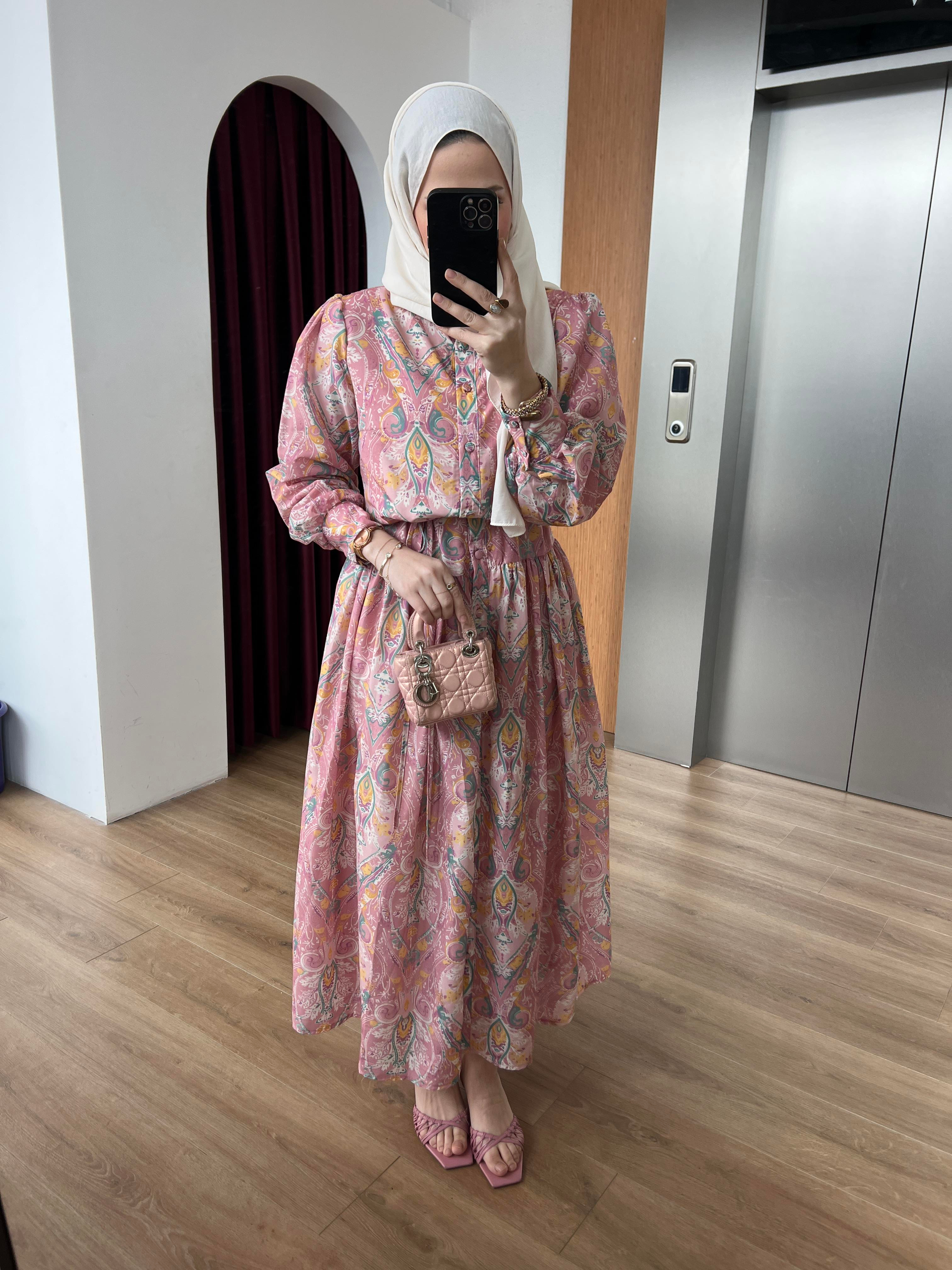 Etnik Desen Elbise Pembe
