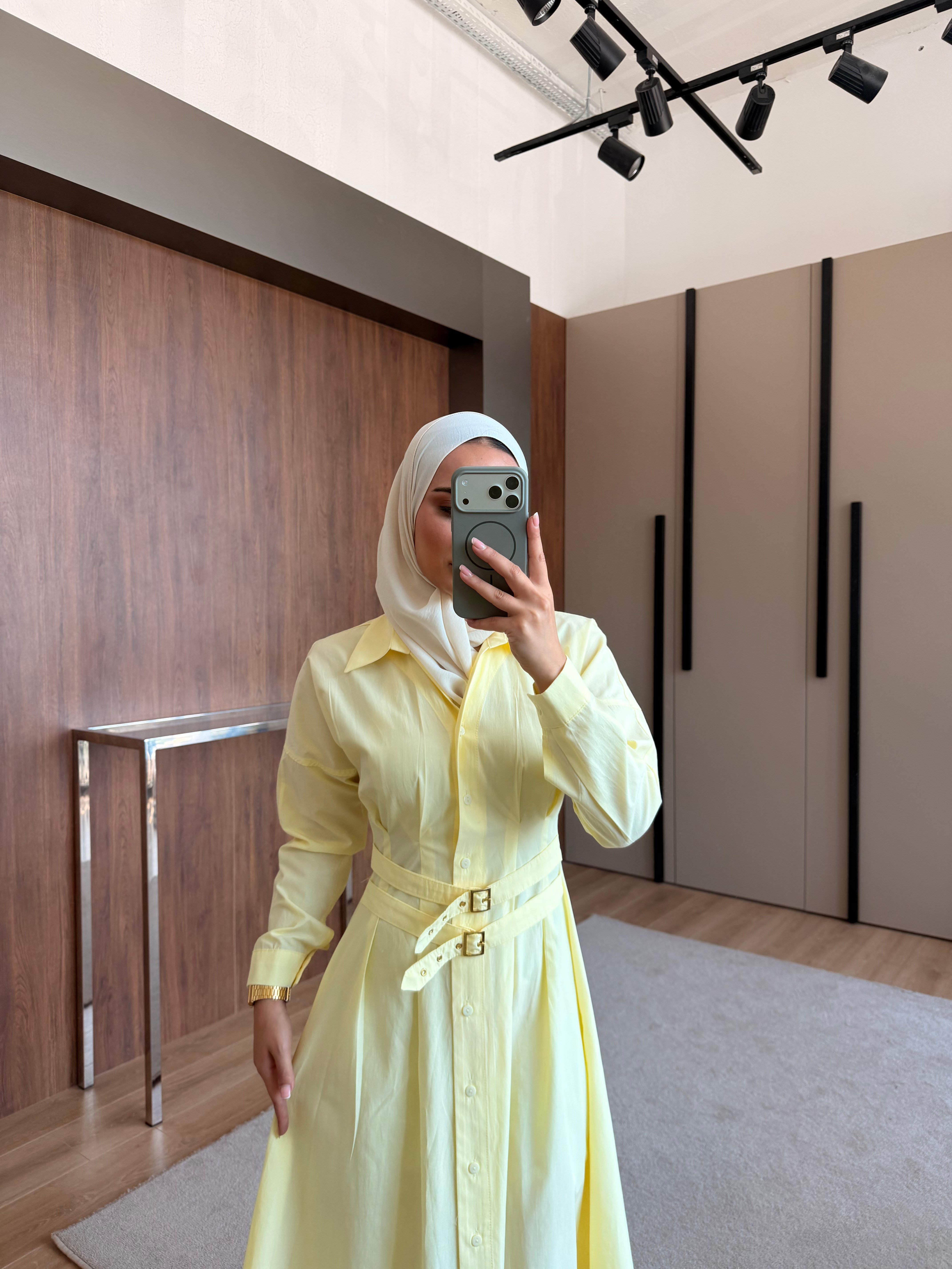 Kemerli Düğmeli Poplin Elbise Sarı