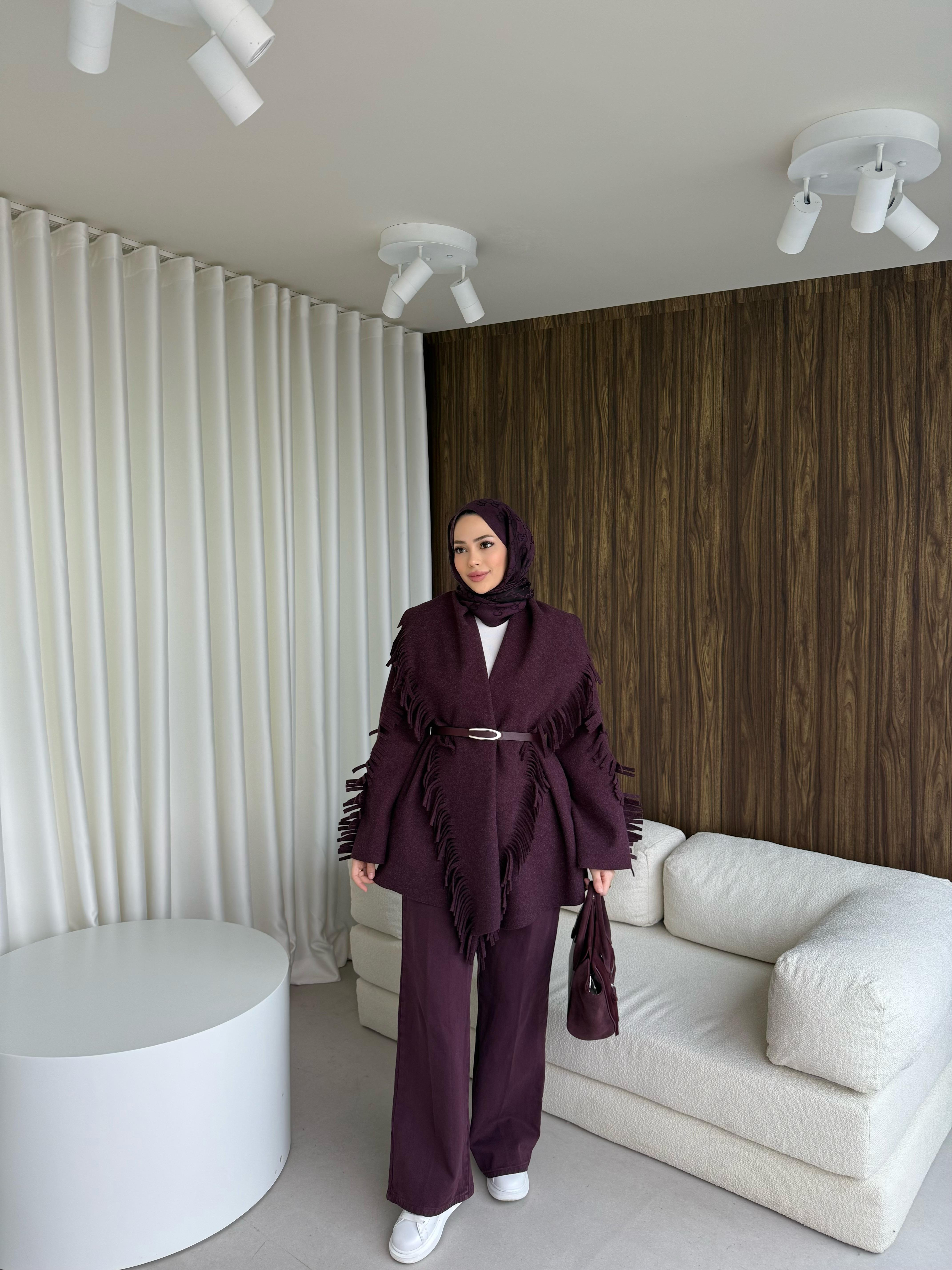 Kemerli Tasarım Ceket Burgundy