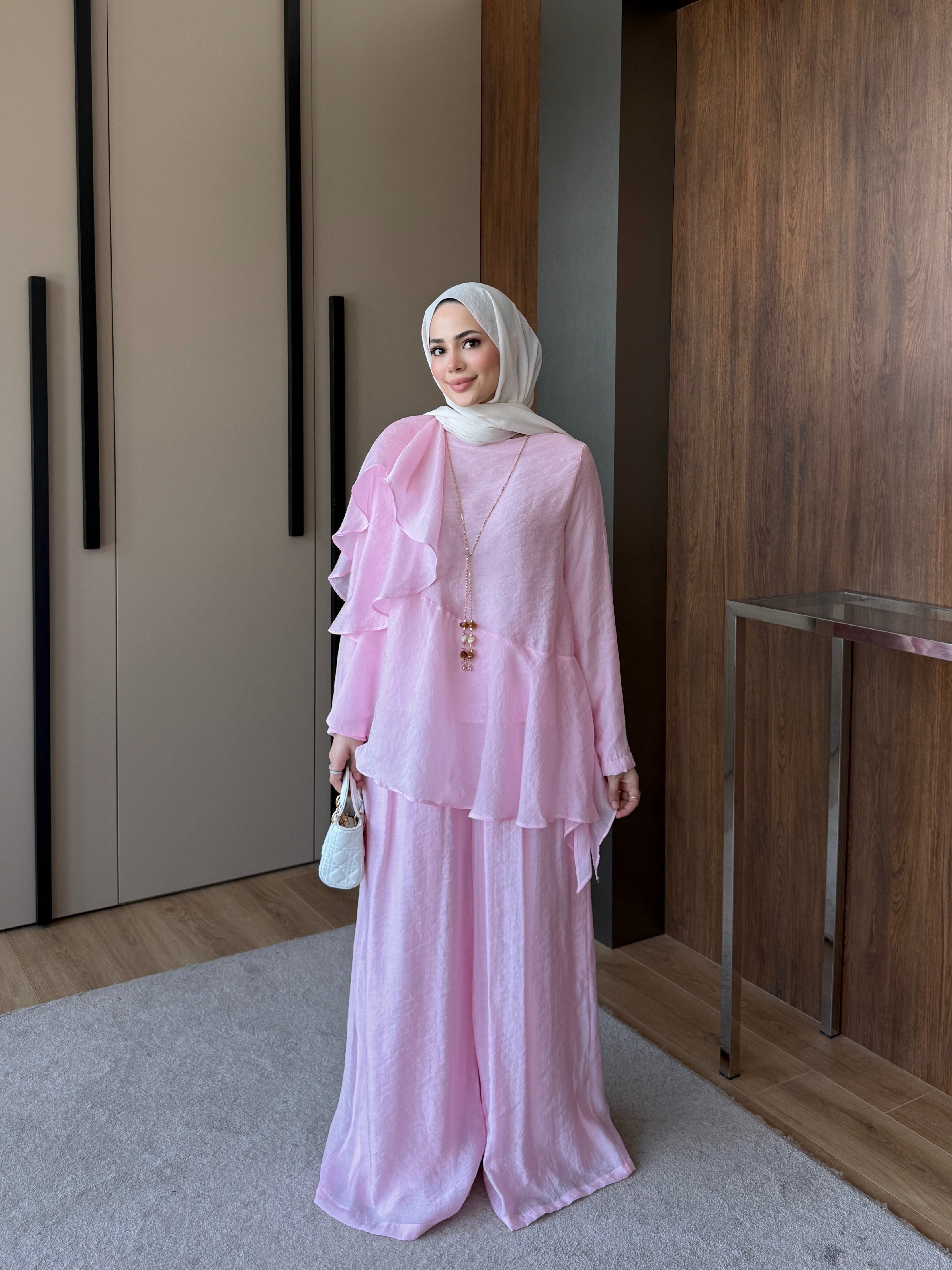 Kol Volanlı Tunik Pantolon Takım Pembe
