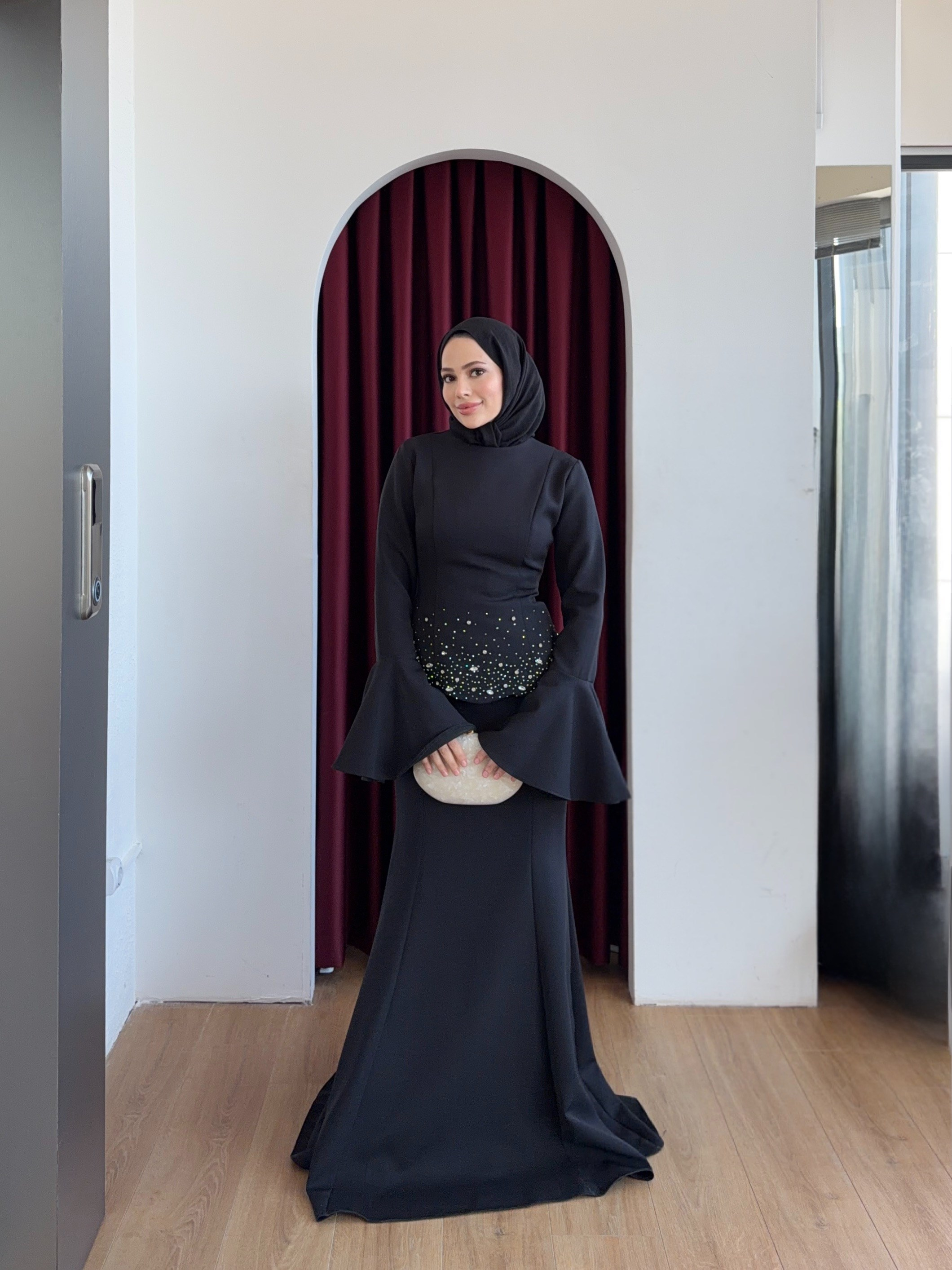 Krep Taşlı Abiye Siyah