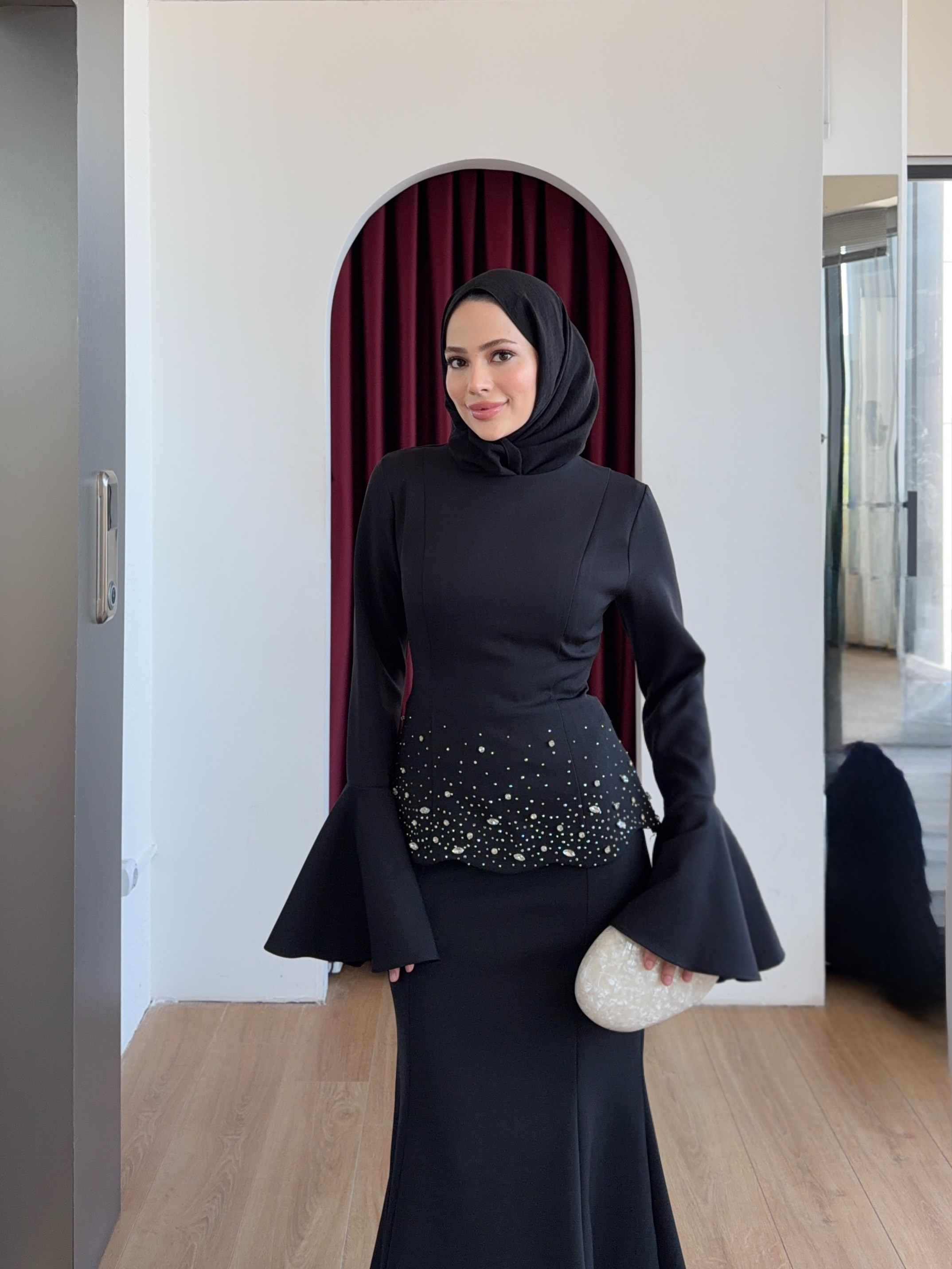Krep Taşlı Abiye Siyah